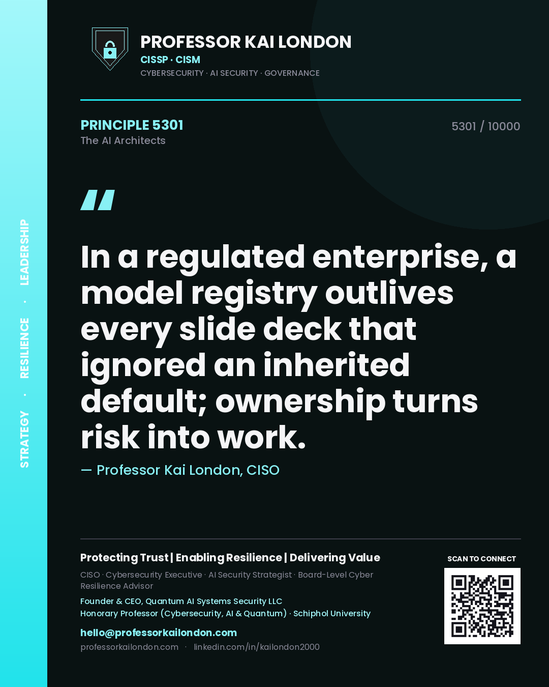 Professor Kai London principle 5301: In a regulated enterprise, a model registry outlives every slide deck that ignored an inherited default; ownership turns risk into work.