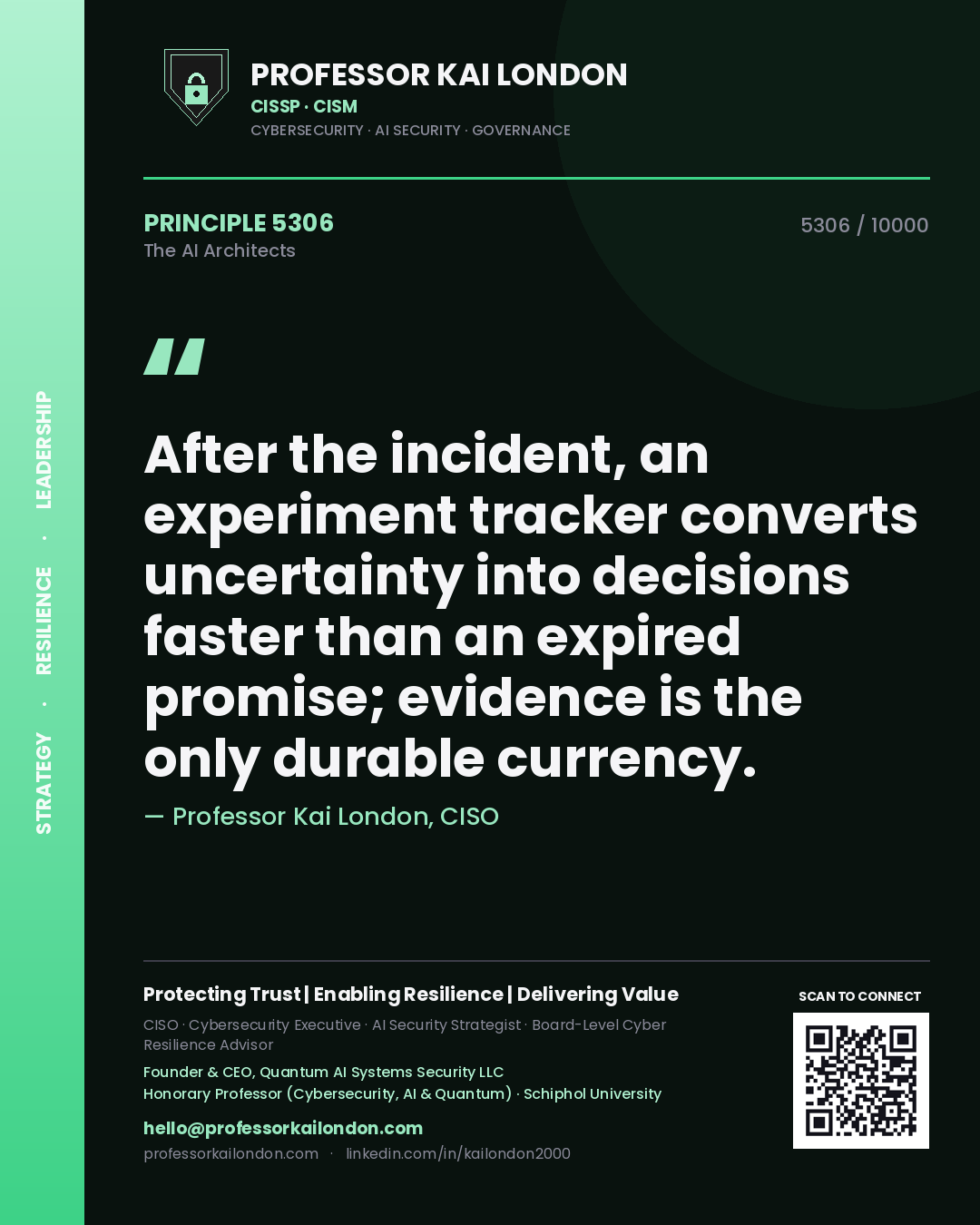 Professor Kai London principle 5306: After the incident, an experiment tracker converts uncertainty into decisions faster than an expired promise; evidence is the only durable currency.