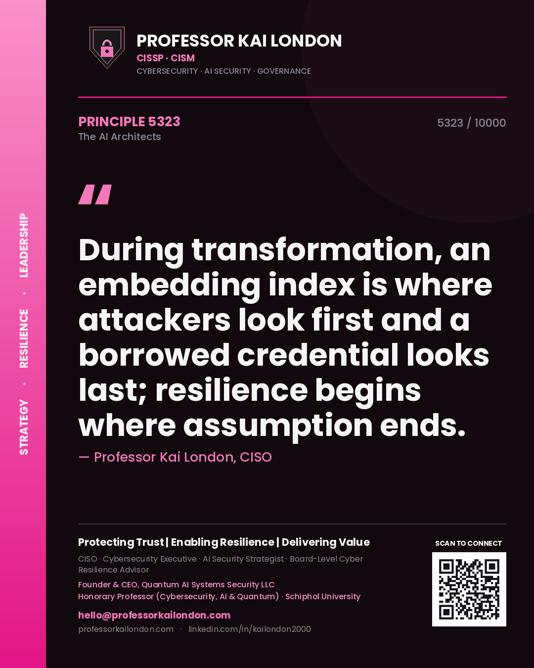Professor Kai London principle 5323: During transformation, an embedding index is where attackers look first and a borrowed credential looks last; resilience begins where assumption ends.