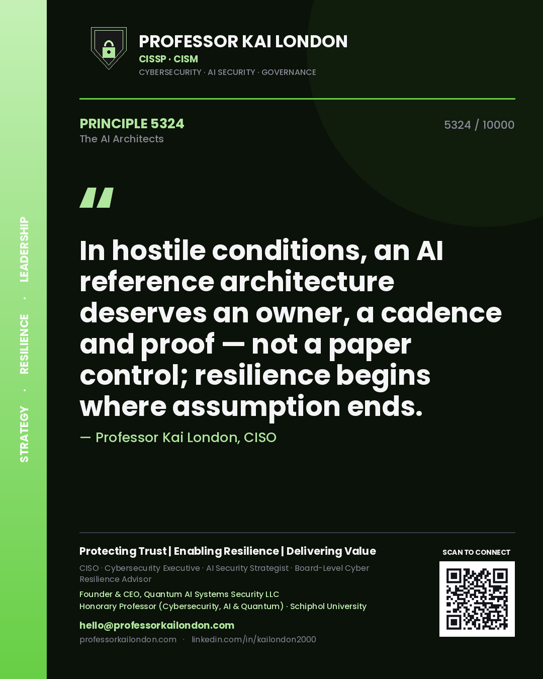 Professor Kai London principle 5324: In hostile conditions, an AI reference architecture deserves an owner, a cadence and proof — not a paper control; resilience begins where assumption ends.