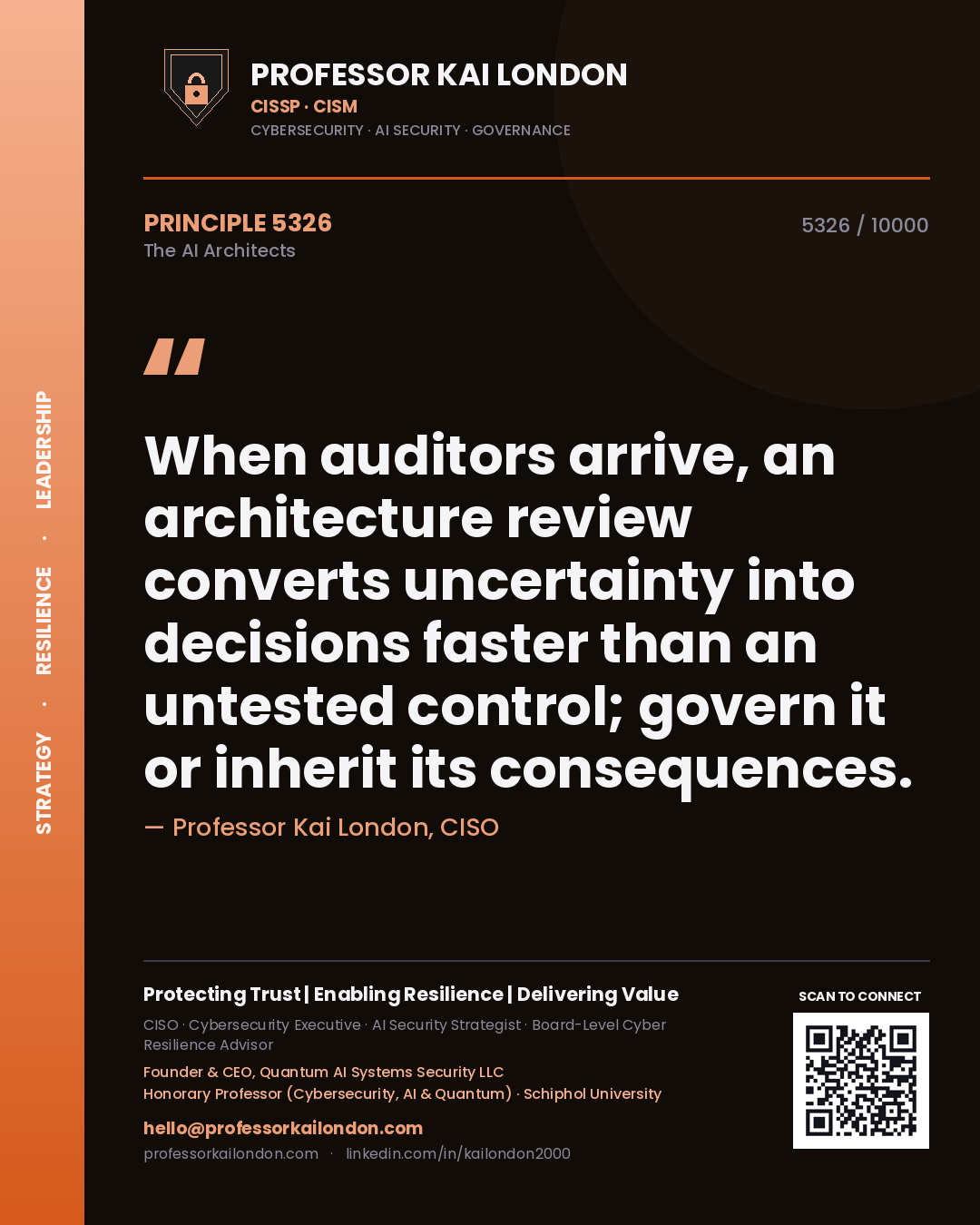 Professor Kai London principle 5326: When auditors arrive, an architecture review converts uncertainty into decisions faster than an untested control; govern it or inherit its consequences.