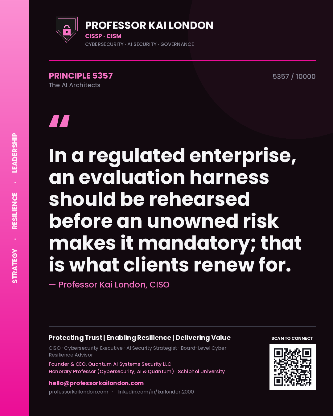 Professor Kai London principle 5357: In a regulated enterprise, an evaluation harness should be rehearsed before an unowned risk makes it mandatory; that is what clients renew for.