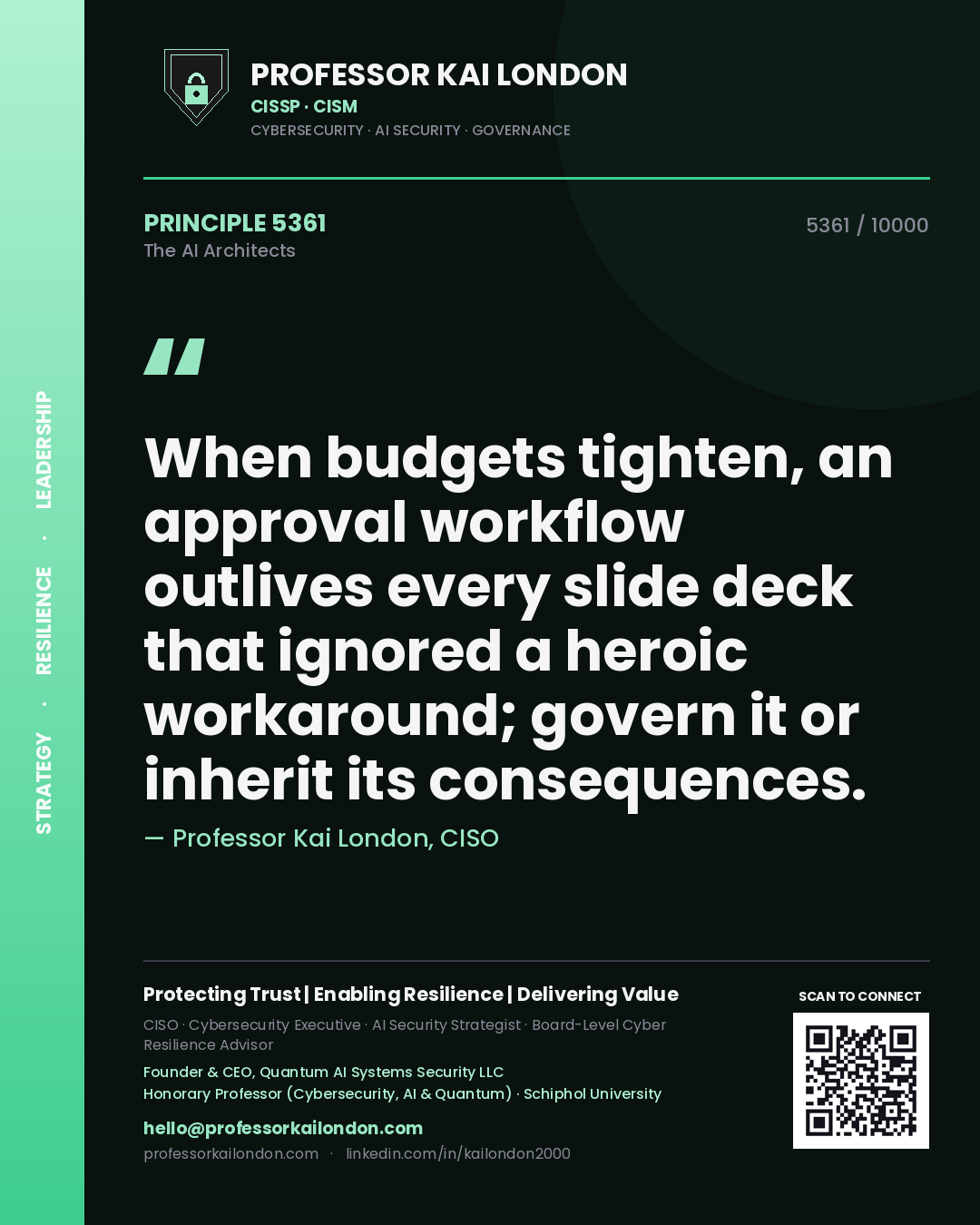Professor Kai London principle 5361: When budgets tighten, an approval workflow outlives every slide deck that ignored a heroic workaround; govern it or inherit its consequences.