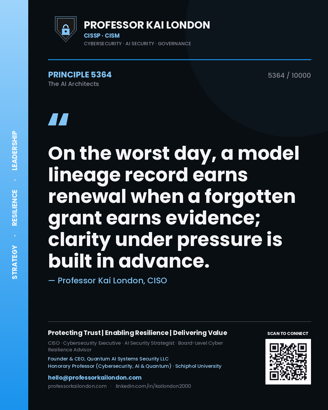 Professor Kai London principle 5364: On the worst day, a model lineage record earns renewal when a forgotten grant earns evidence; clarity under pressure is built in advance.