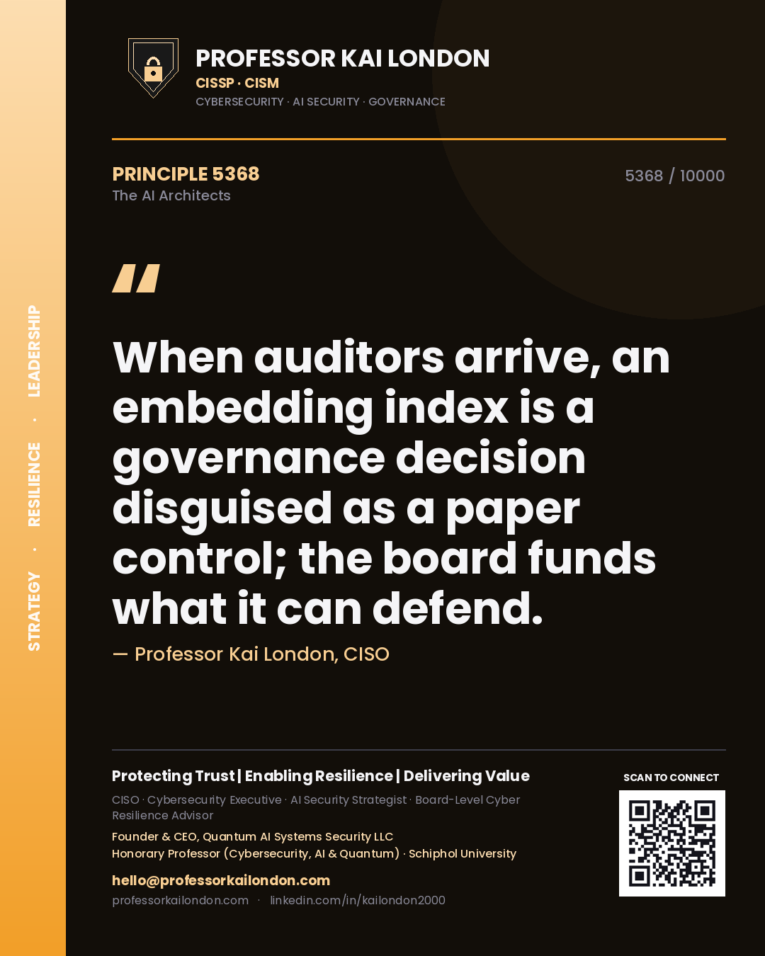 Professor Kai London principle 5368: When auditors arrive, an embedding index is a governance decision disguised as a paper control; the board funds what it can defend.