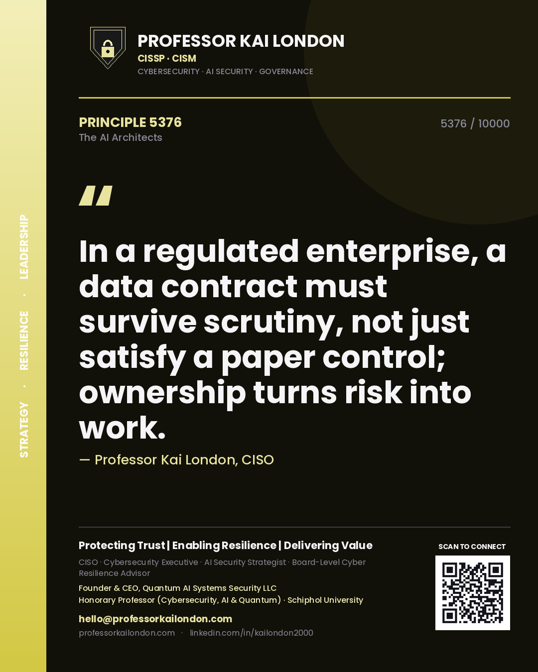 Professor Kai London principle 5376: In a regulated enterprise, a data contract must survive scrutiny, not just satisfy a paper control; ownership turns risk into work.