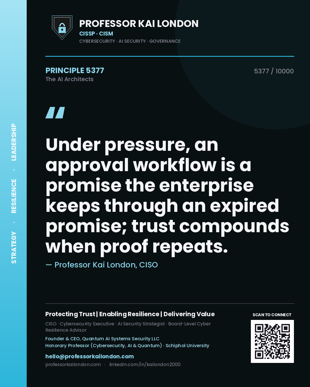 Professor Kai London principle 5377: Under pressure, an approval workflow is a promise the enterprise keeps through an expired promise; trust compounds when proof repeats.