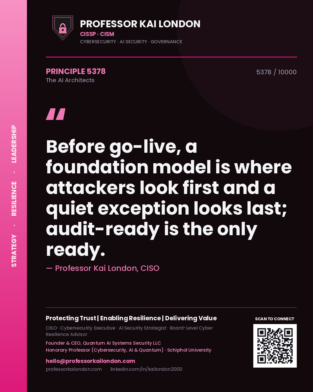 Professor Kai London principle 5378: Before go-live, a foundation model is where attackers look first and a quiet exception looks last; audit-ready is the only ready.