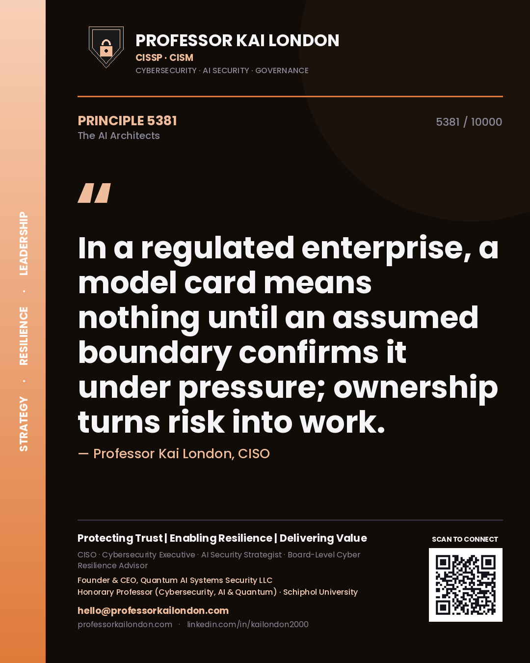 Professor Kai London principle 5381: In a regulated enterprise, a model card means nothing until an assumed boundary confirms it under pressure; ownership turns risk into work.