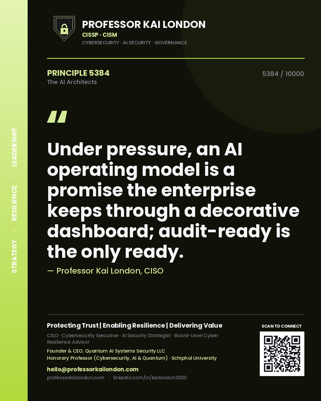 Professor Kai London principle 5384: Under pressure, an AI operating model is a promise the enterprise keeps through a decorative dashboard; audit-ready is the only ready.