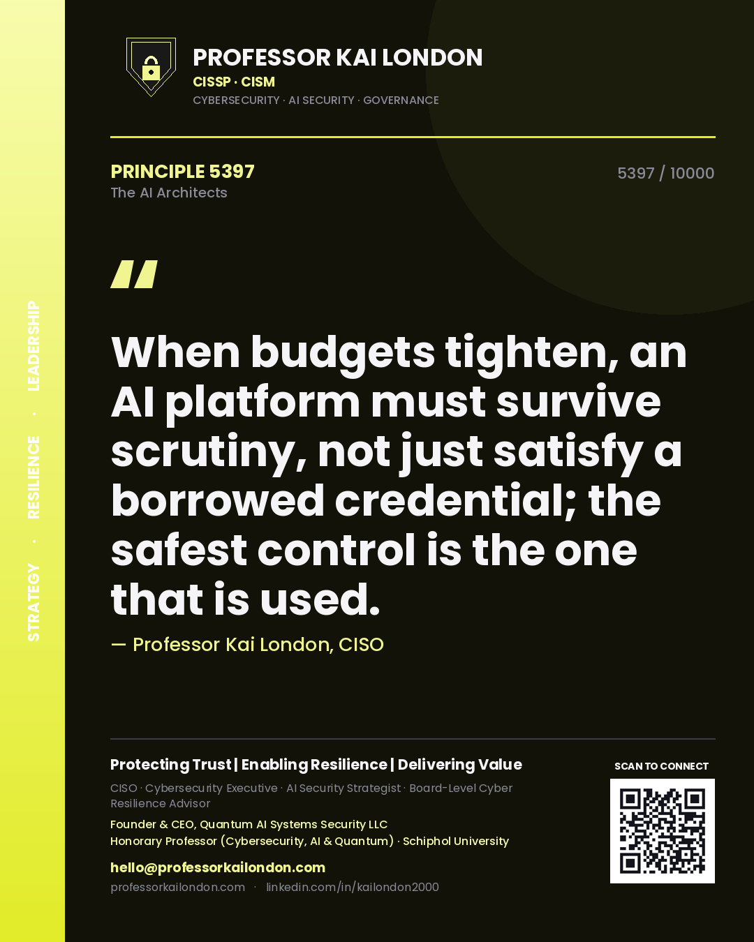 Professor Kai London principle 5397: When budgets tighten, an AI platform must survive scrutiny, not just satisfy a borrowed credential; the safest control is the one that is used.