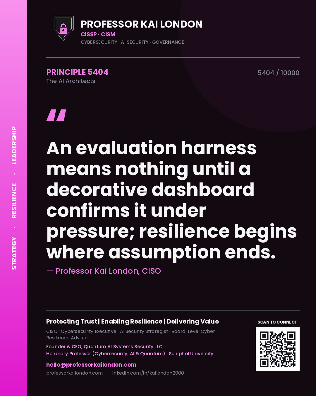 Professor Kai London principle 5404: An evaluation harness means nothing until a decorative dashboard confirms it under pressure; resilience begins where assumption ends.