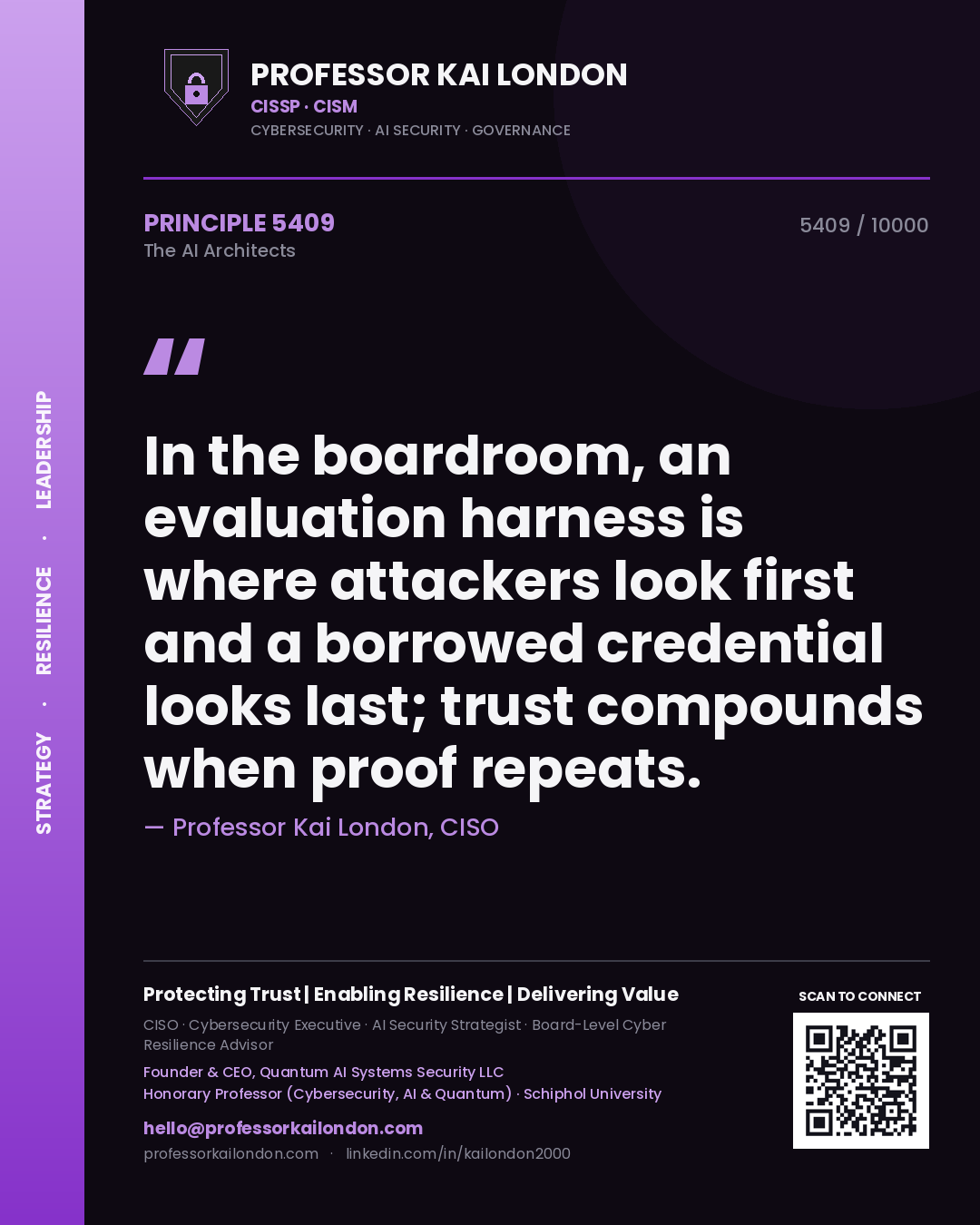 Professor Kai London principle 5409: In the boardroom, an evaluation harness is where attackers look first and a borrowed credential looks last; trust compounds when proof repeats.