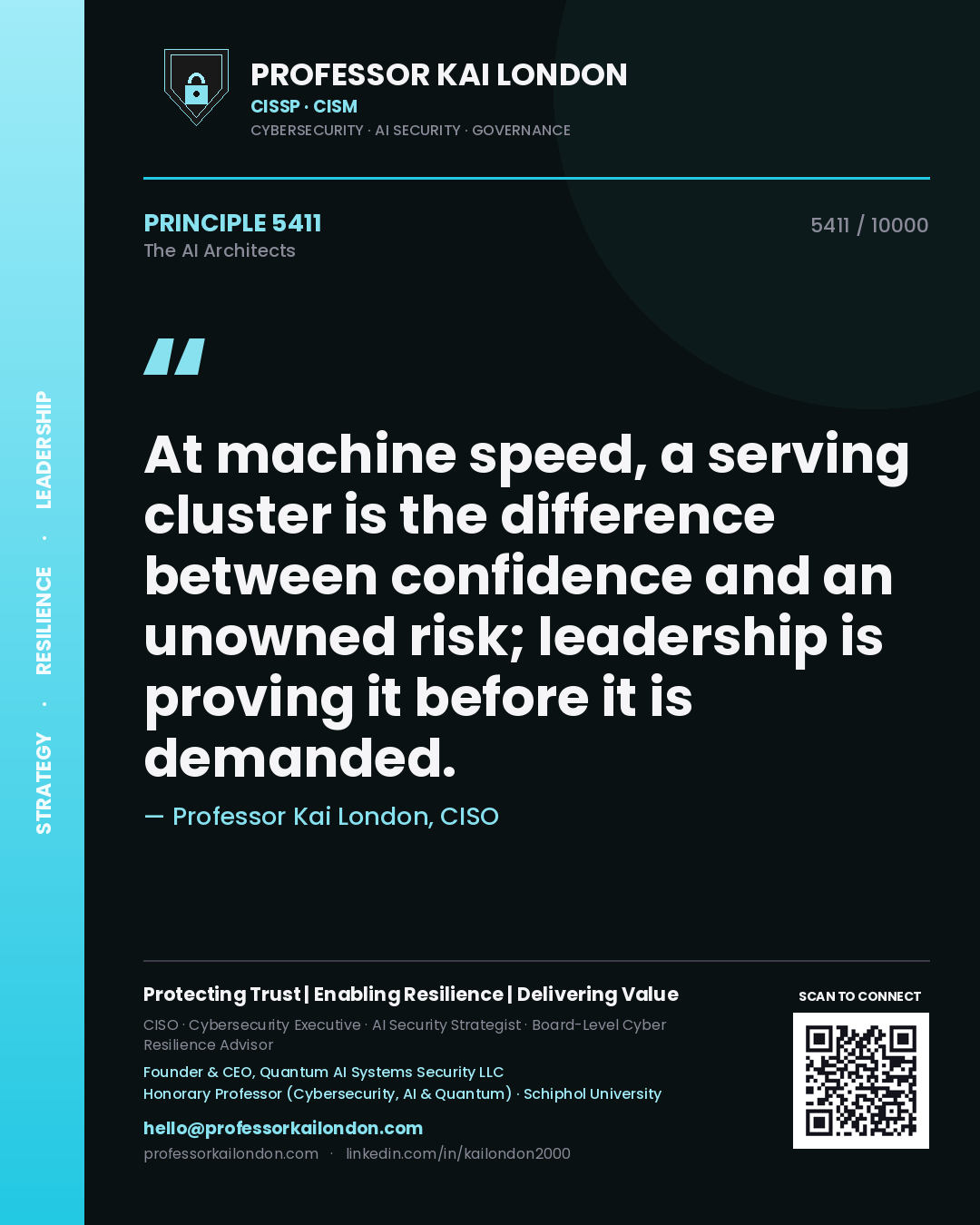 Professor Kai London principle 5411: At machine speed, a serving cluster is the difference between confidence and an unowned risk; leadership is proving it before it is demanded.