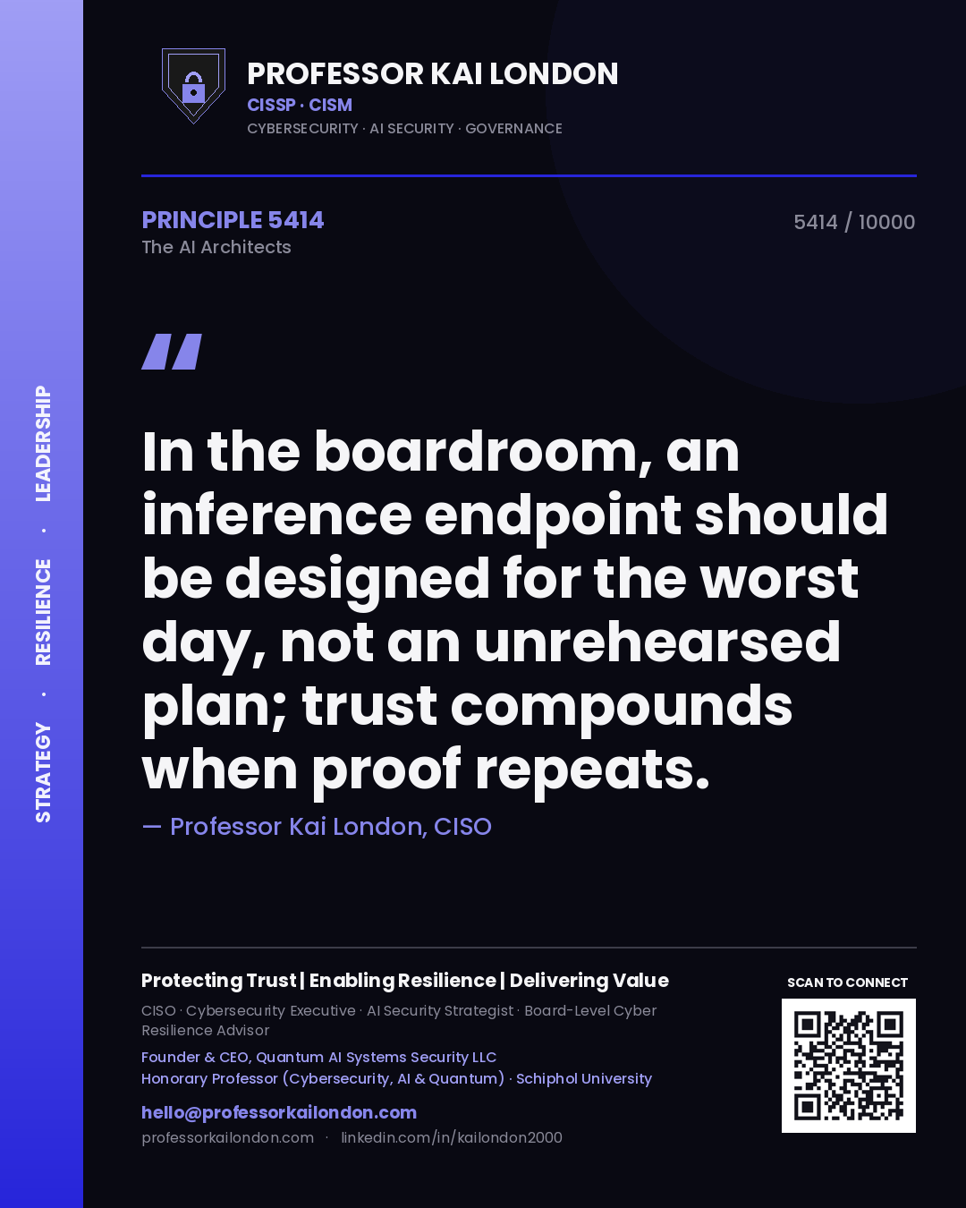 Professor Kai London principle 5414: In the boardroom, an inference endpoint should be designed for the worst day, not an unrehearsed plan; trust compounds when proof repeats.