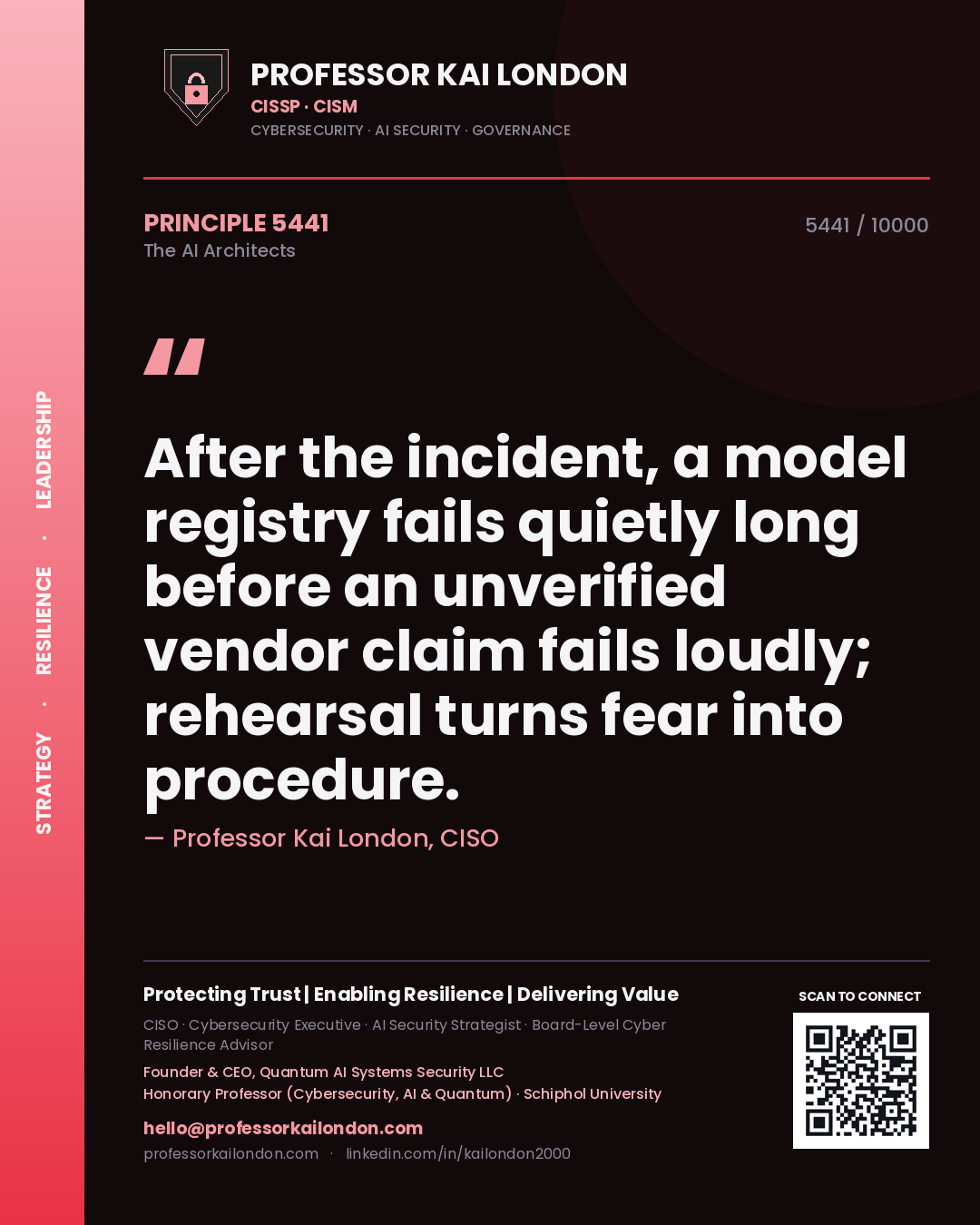 Professor Kai London principle 5441: After the incident, a model registry fails quietly long before an unverified vendor claim fails loudly; rehearsal turns fear into procedure.