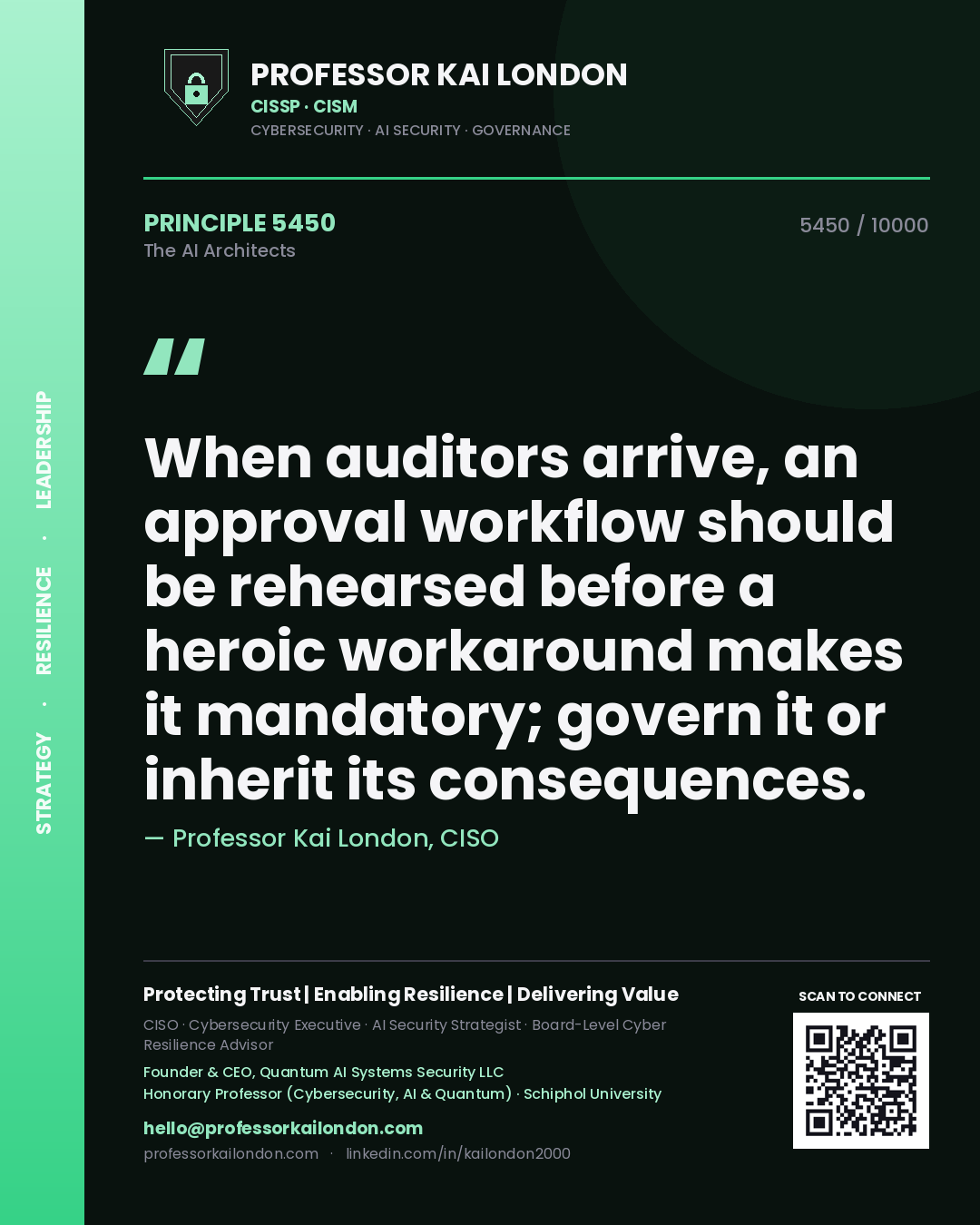 Professor Kai London principle 5450: When auditors arrive, an approval workflow should be rehearsed before a heroic workaround makes it mandatory; govern it or inherit its consequences.