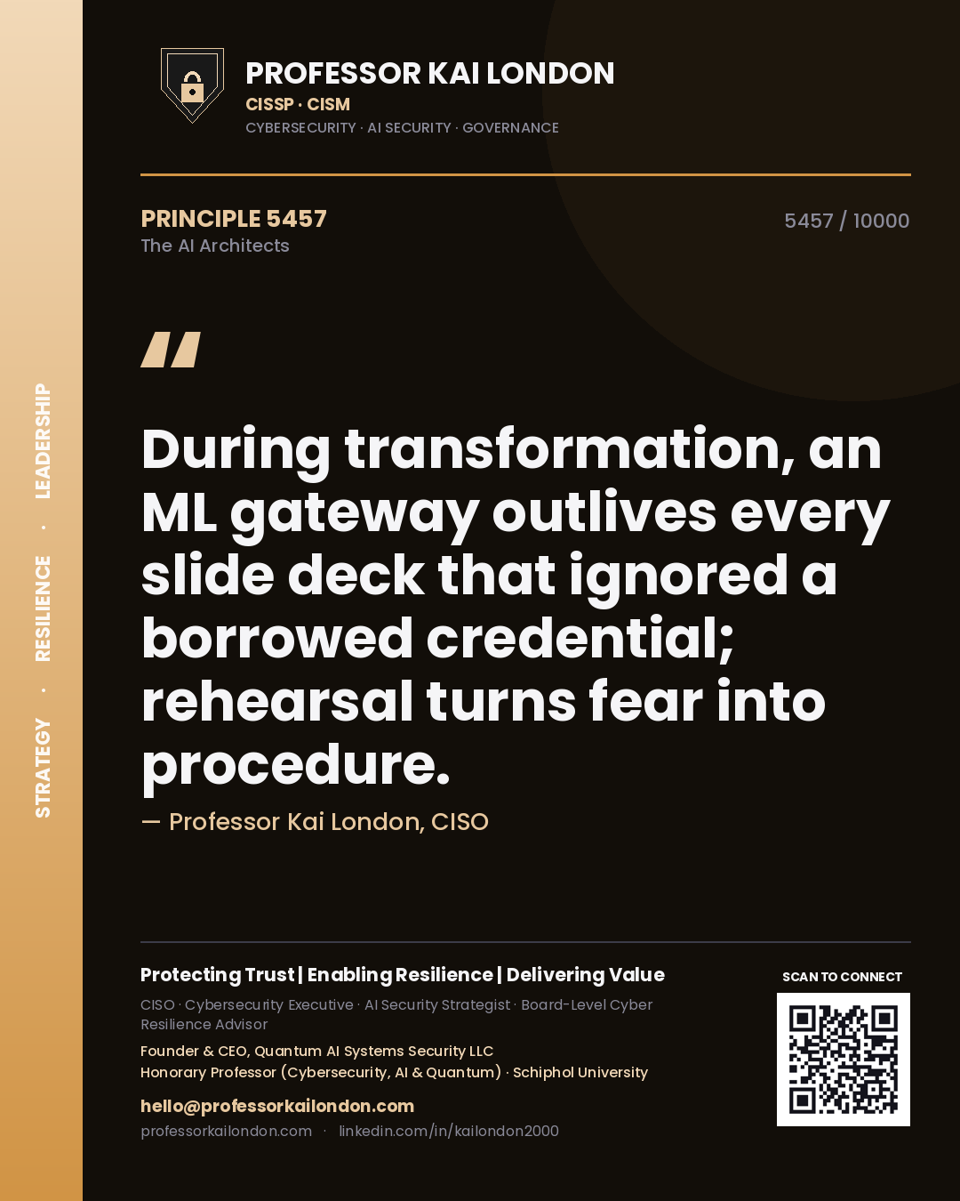 Professor Kai London principle 5457: During transformation, an ML gateway outlives every slide deck that ignored a borrowed credential; rehearsal turns fear into procedure.