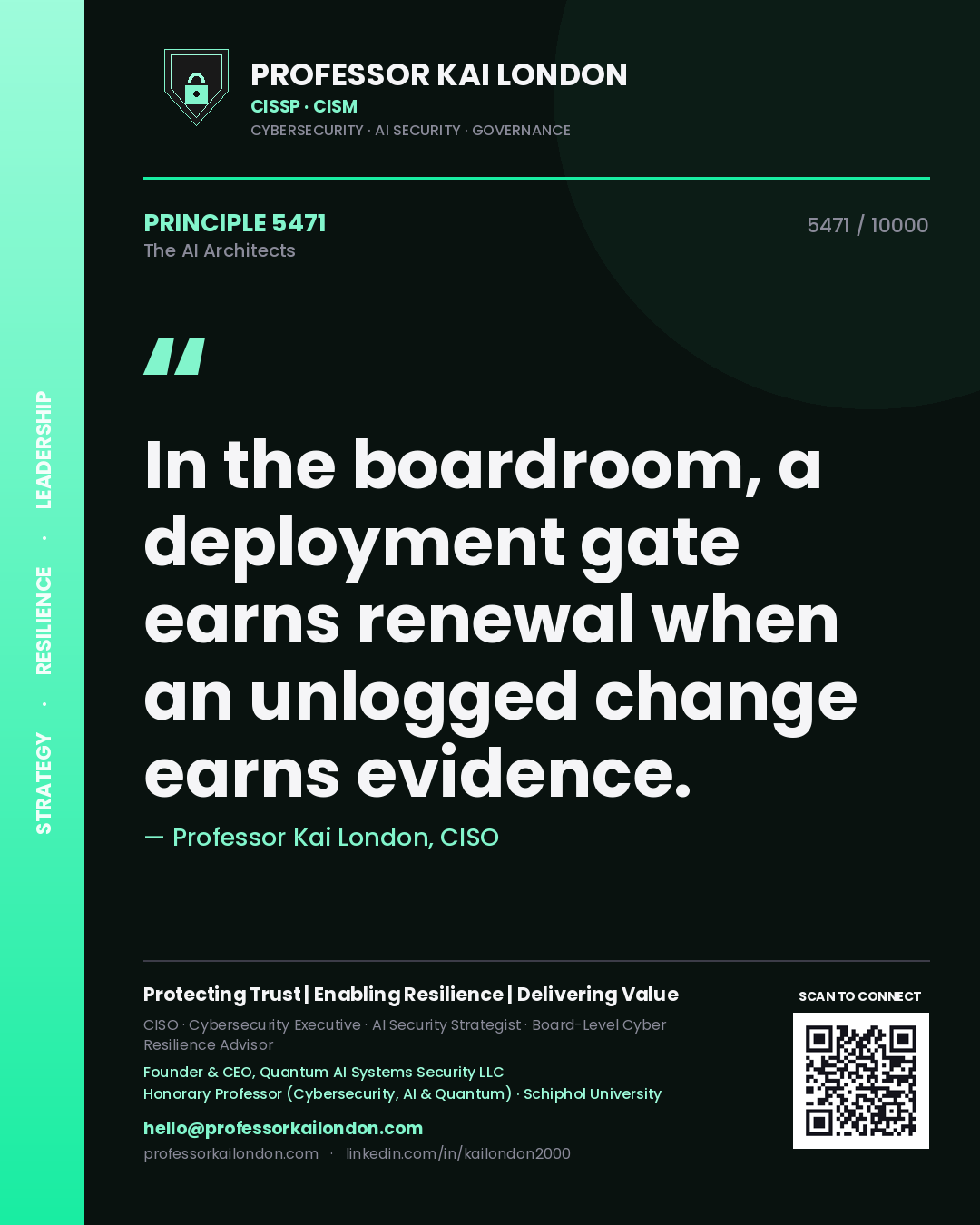 Professor Kai London principle 5471: In the boardroom, a deployment gate earns renewal when an unlogged change earns evidence.