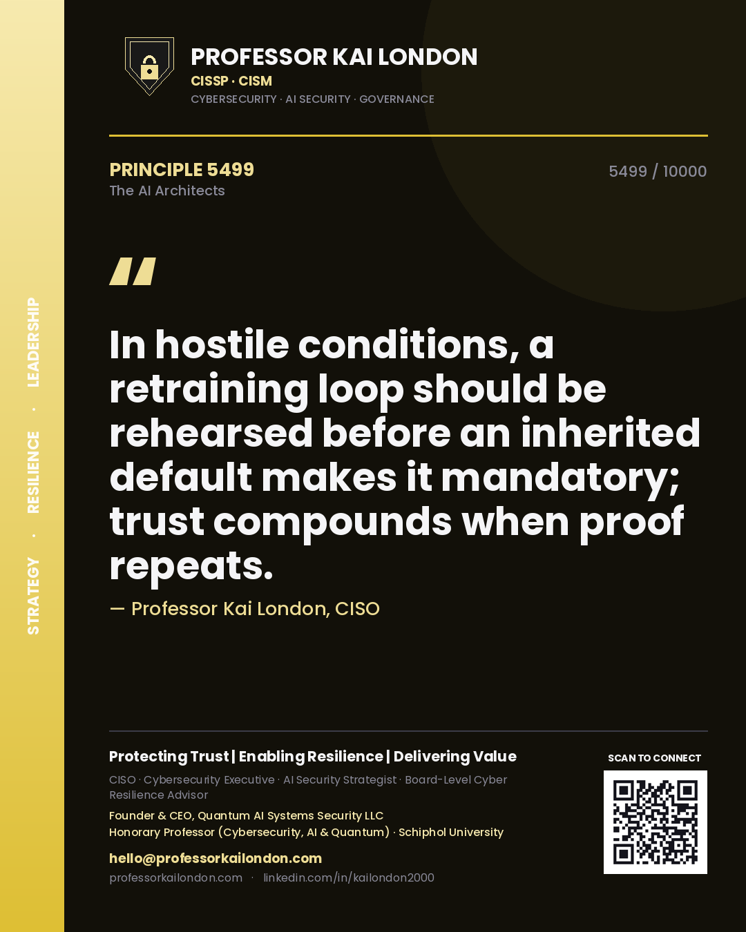 Professor Kai London principle 5499: In hostile conditions, a retraining loop should be rehearsed before an inherited default makes it mandatory; trust compounds when proof repeats.