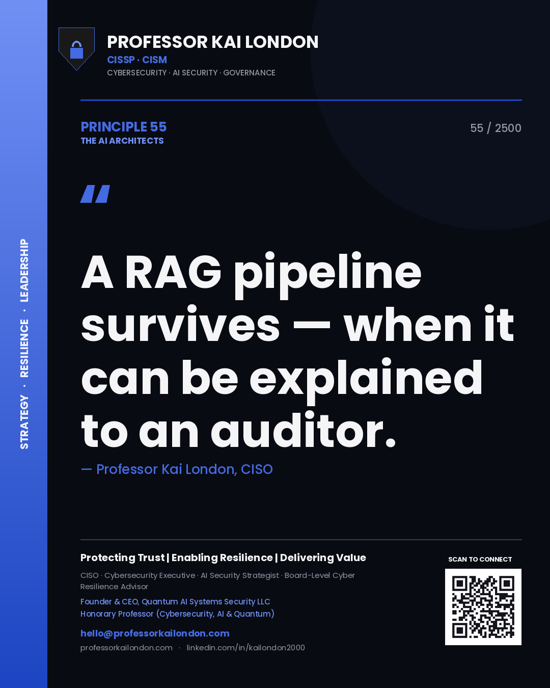 Professor Kai London principle 55: A RAG pipeline survives — when it can be explained to an auditor.