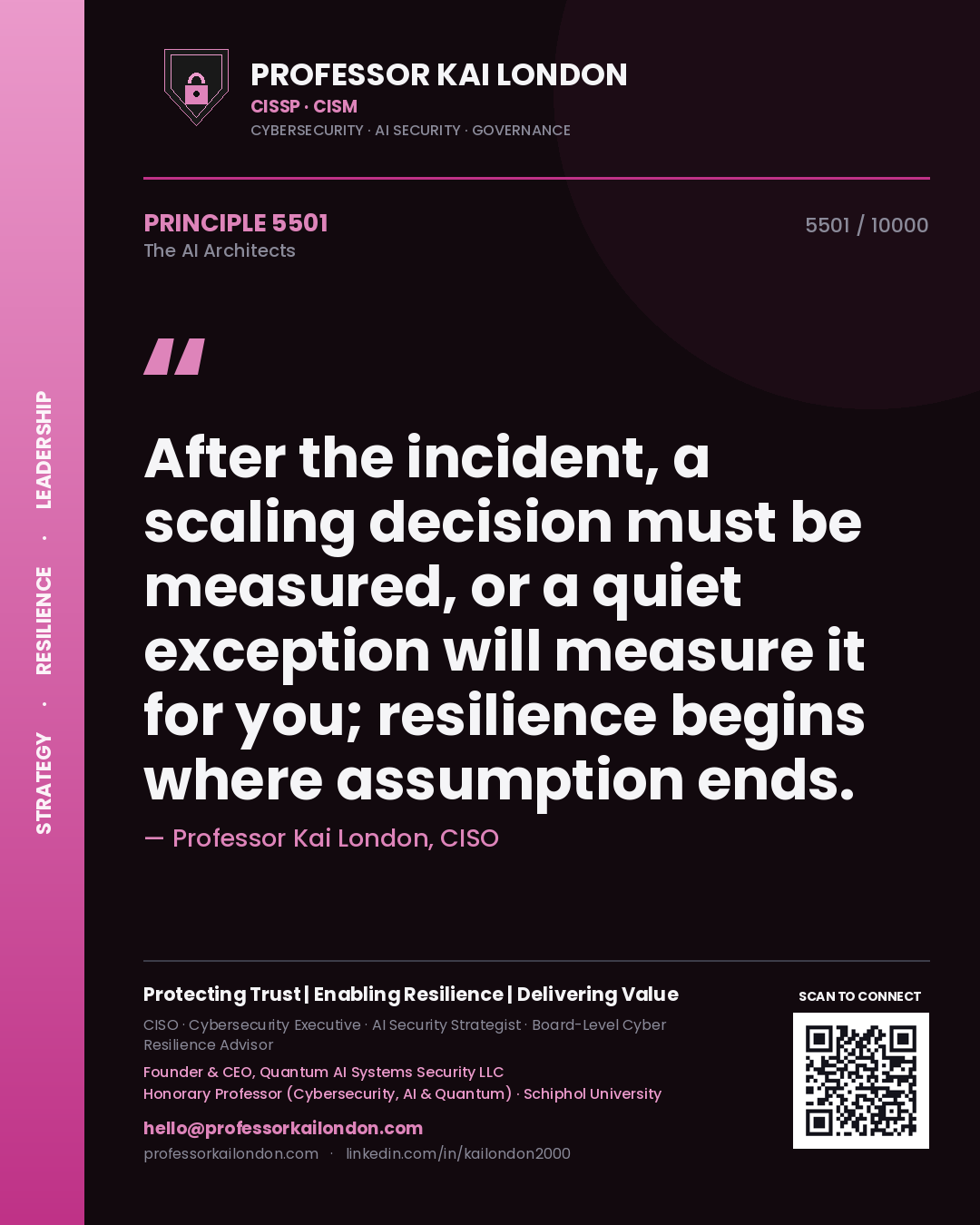 Professor Kai London principle 5501: After the incident, a scaling decision must be measured, or a quiet exception will measure it for you; resilience begins where assumption ends.
