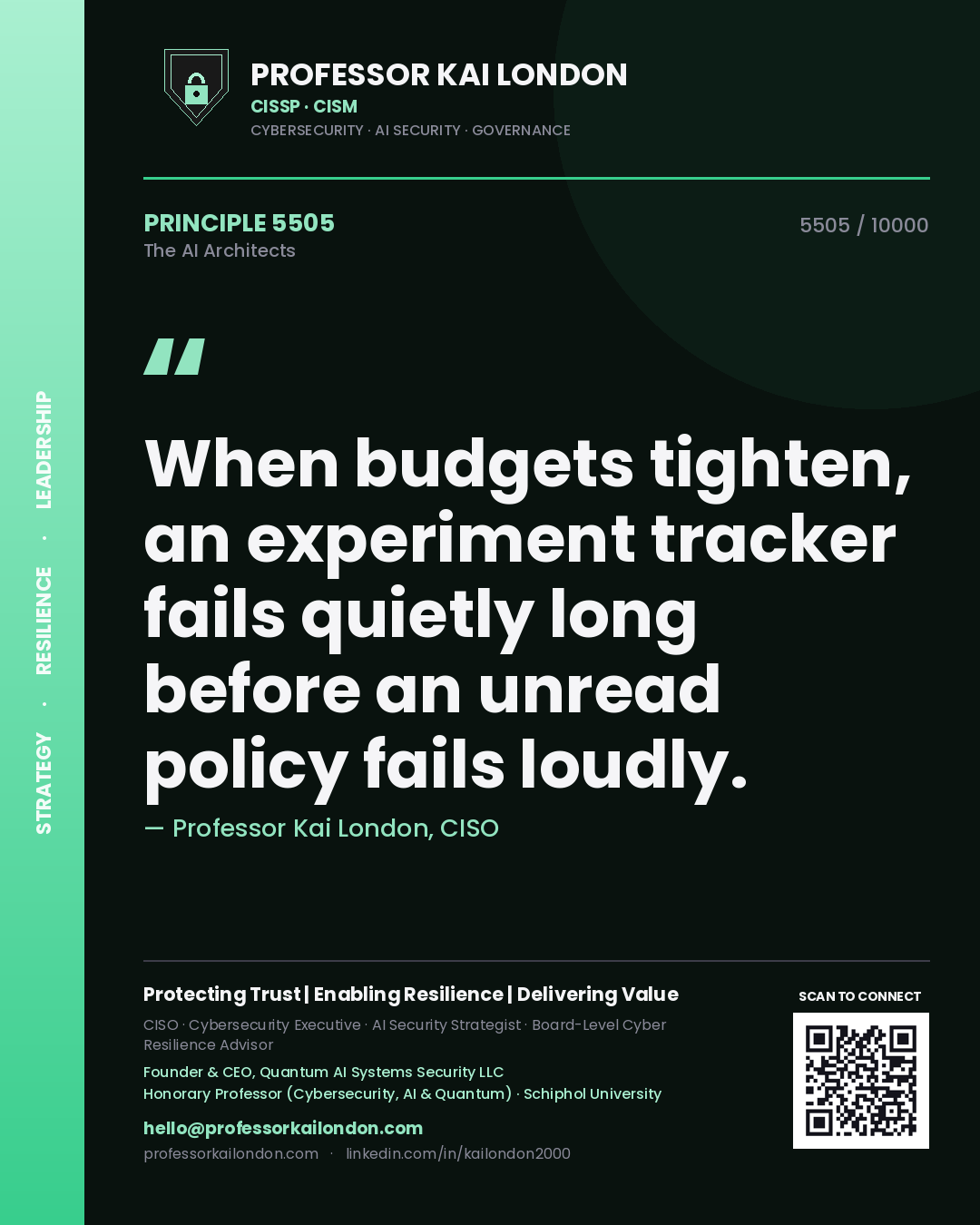 Professor Kai London principle 5505: When budgets tighten, an experiment tracker fails quietly long before an unread policy fails loudly.