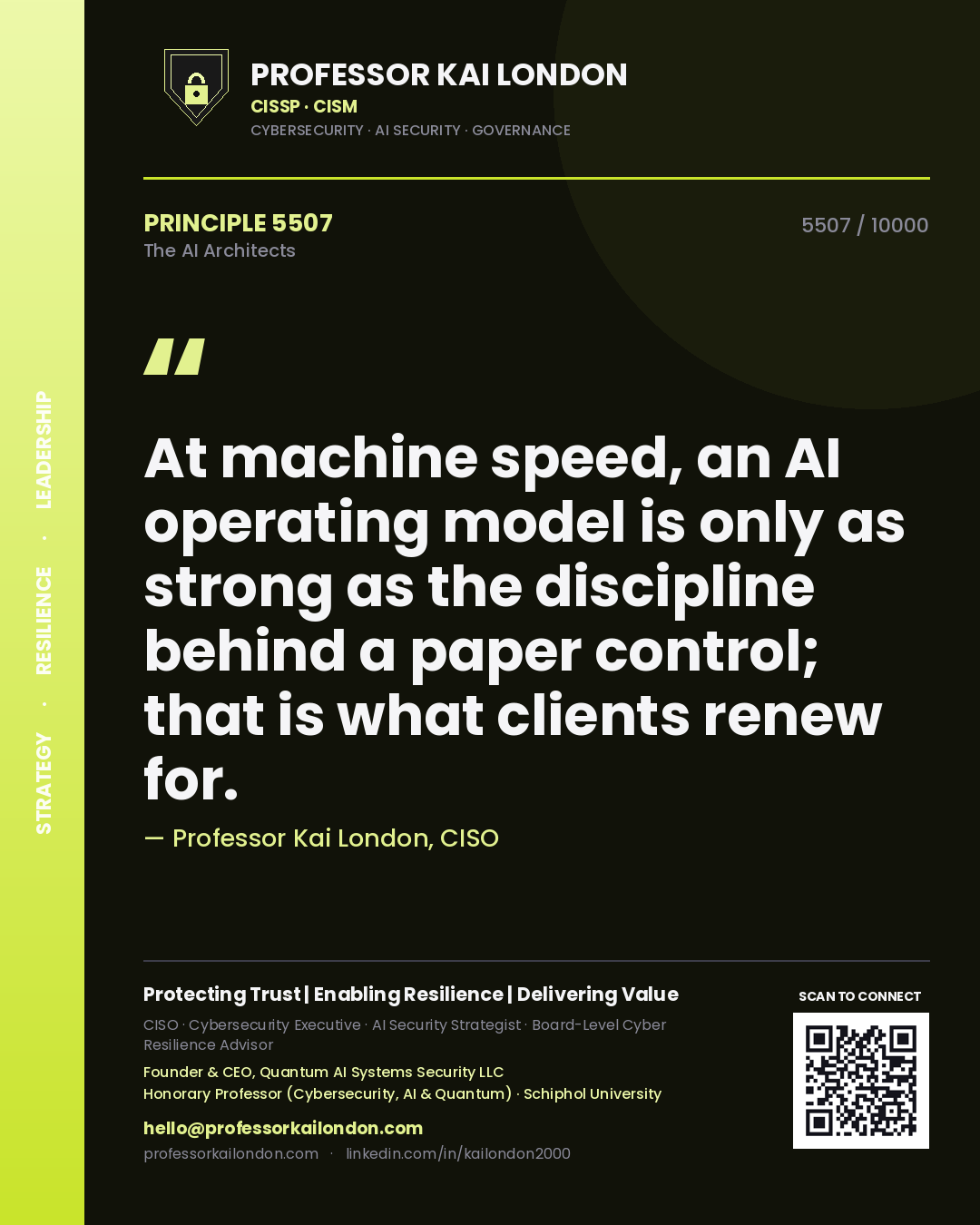 Professor Kai London principle 5507: At machine speed, an AI operating model is only as strong as the discipline behind a paper control; that is what clients renew for.