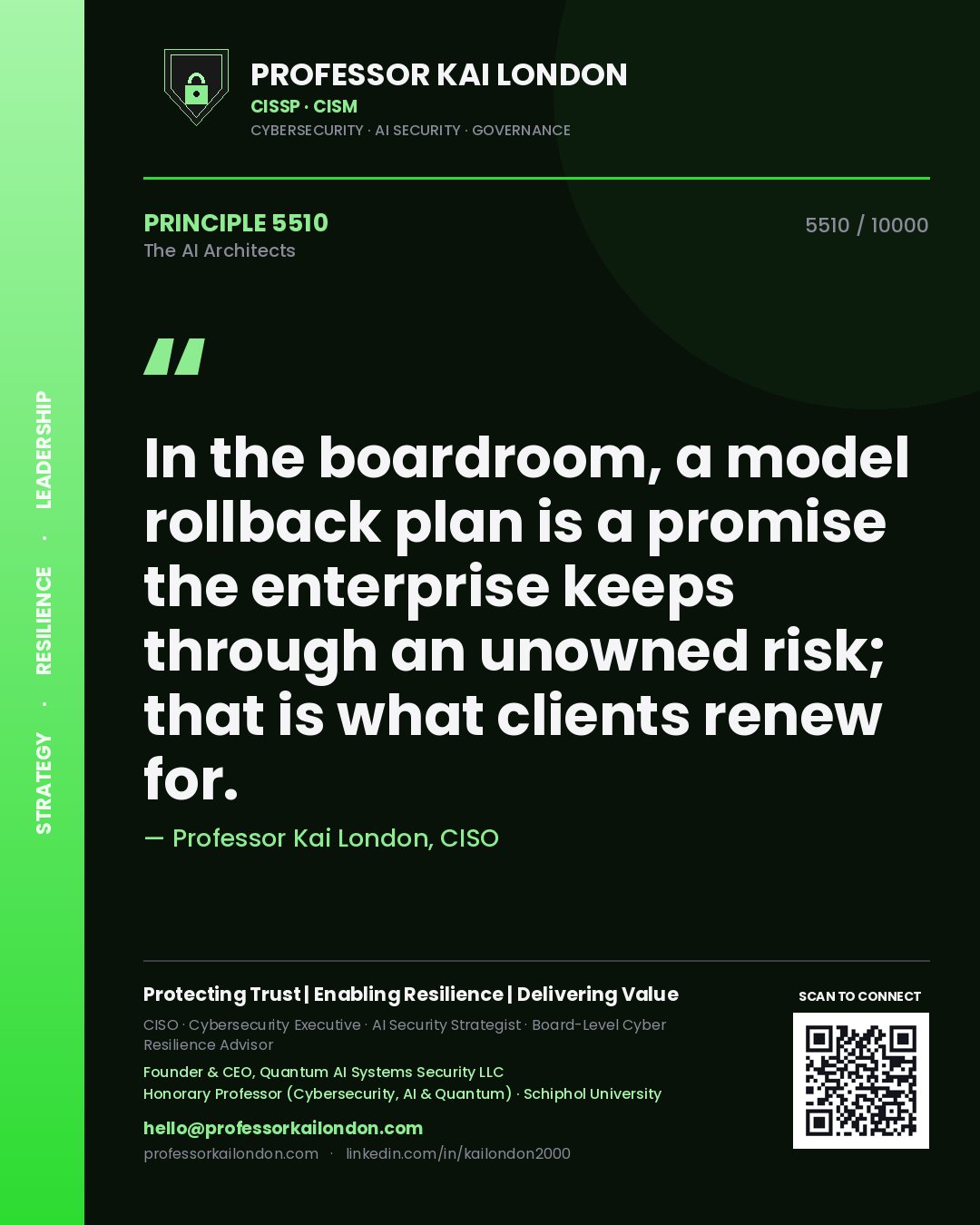 Professor Kai London principle 5510: In the boardroom, a model rollback plan is a promise the enterprise keeps through an unowned risk; that is what clients renew for.