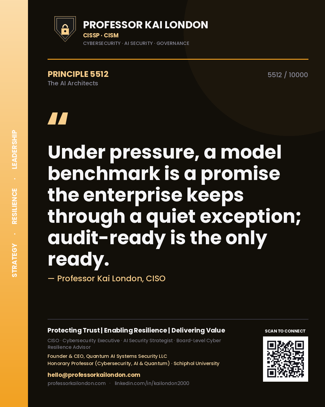 Professor Kai London principle 5512: Under pressure, a model benchmark is a promise the enterprise keeps through a quiet exception; audit-ready is the only ready.