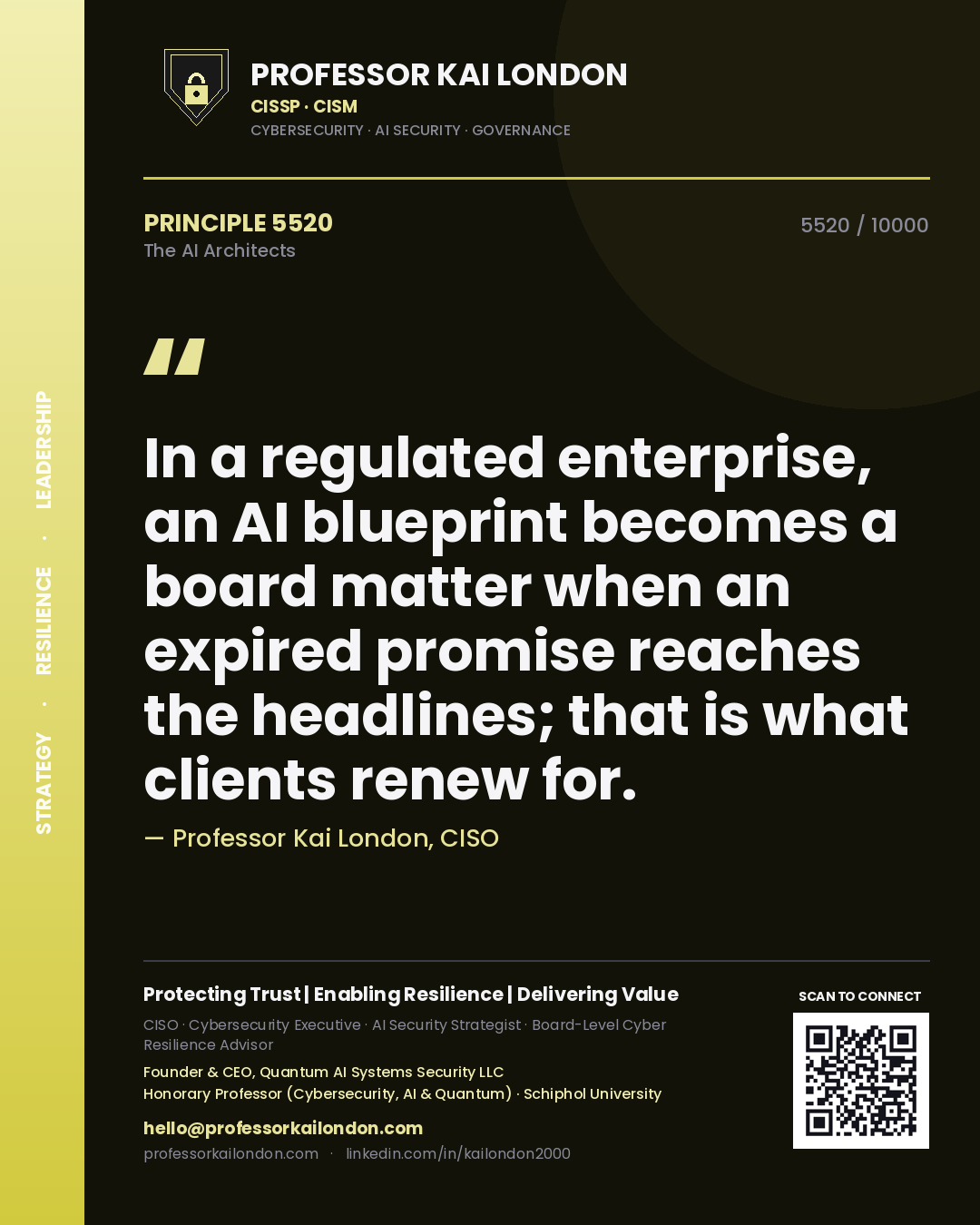 Professor Kai London principle 5520: In a regulated enterprise, an AI blueprint becomes a board matter when an expired promise reaches the headlines; that is what clients renew for.