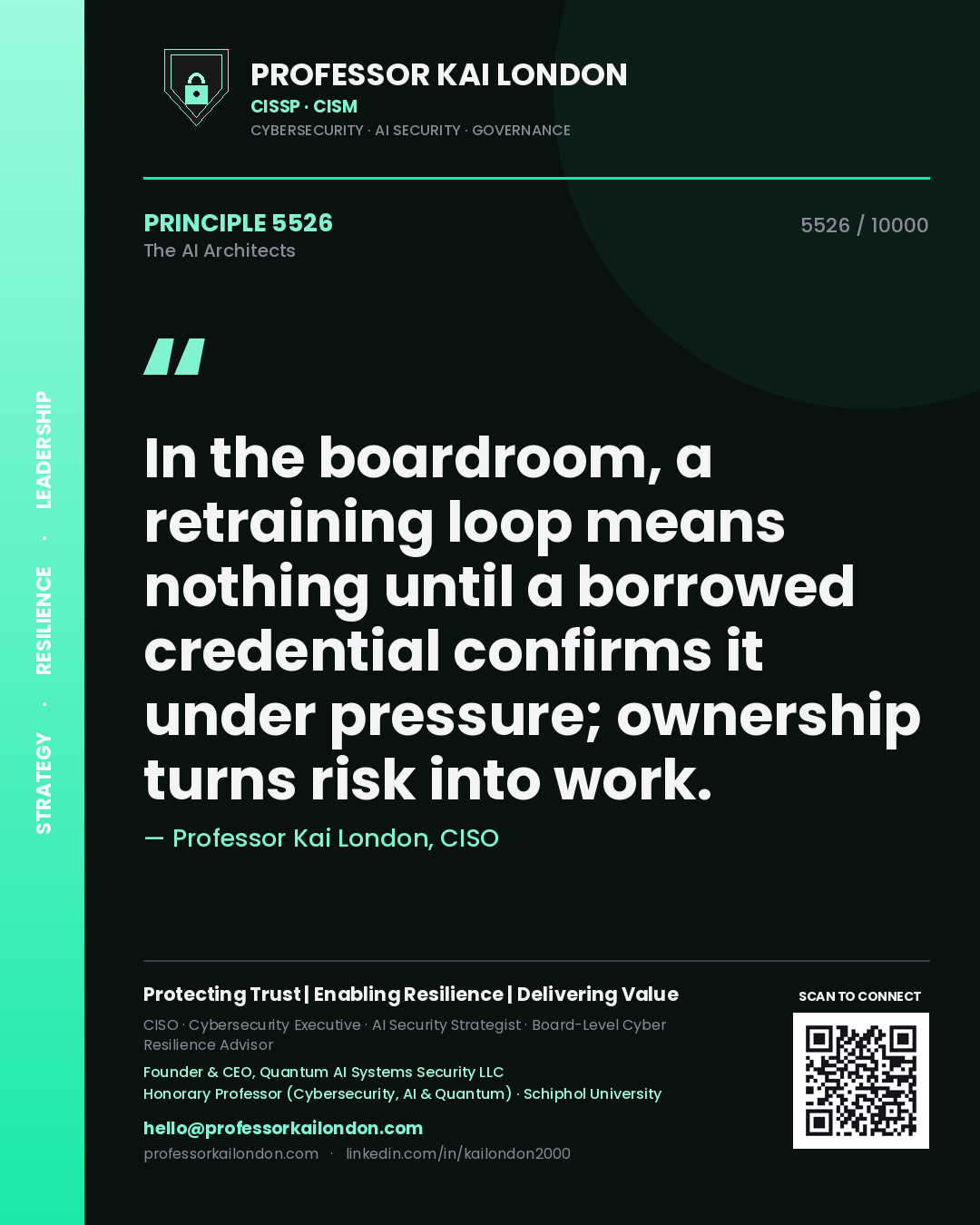 Professor Kai London principle 5526: In the boardroom, a retraining loop means nothing until a borrowed credential confirms it under pressure; ownership turns risk into work.