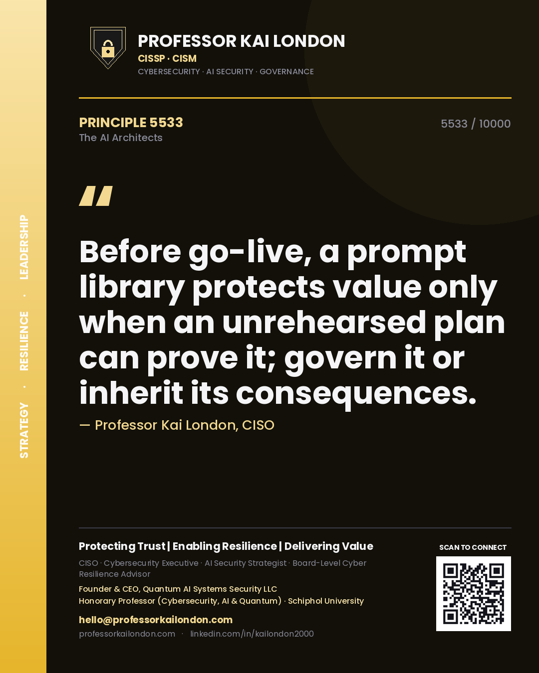 Professor Kai London principle 5533: Before go-live, a prompt library protects value only when an unrehearsed plan can prove it; govern it or inherit its consequences.