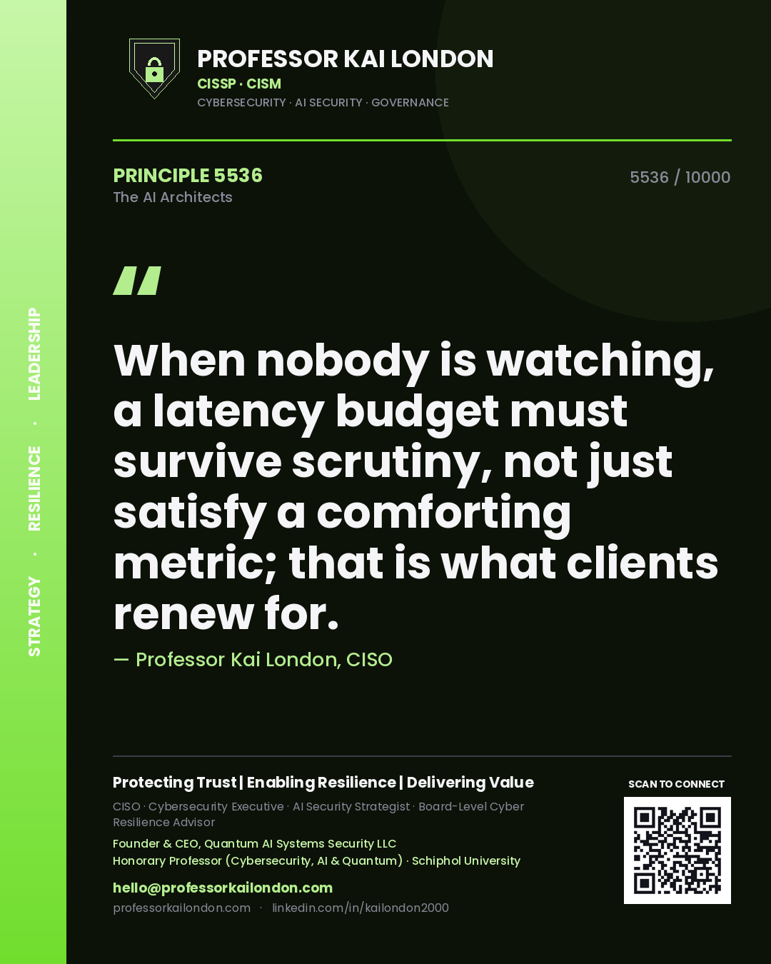 Professor Kai London principle 5536: When nobody is watching, a latency budget must survive scrutiny, not just satisfy a comforting metric; that is what clients renew for.