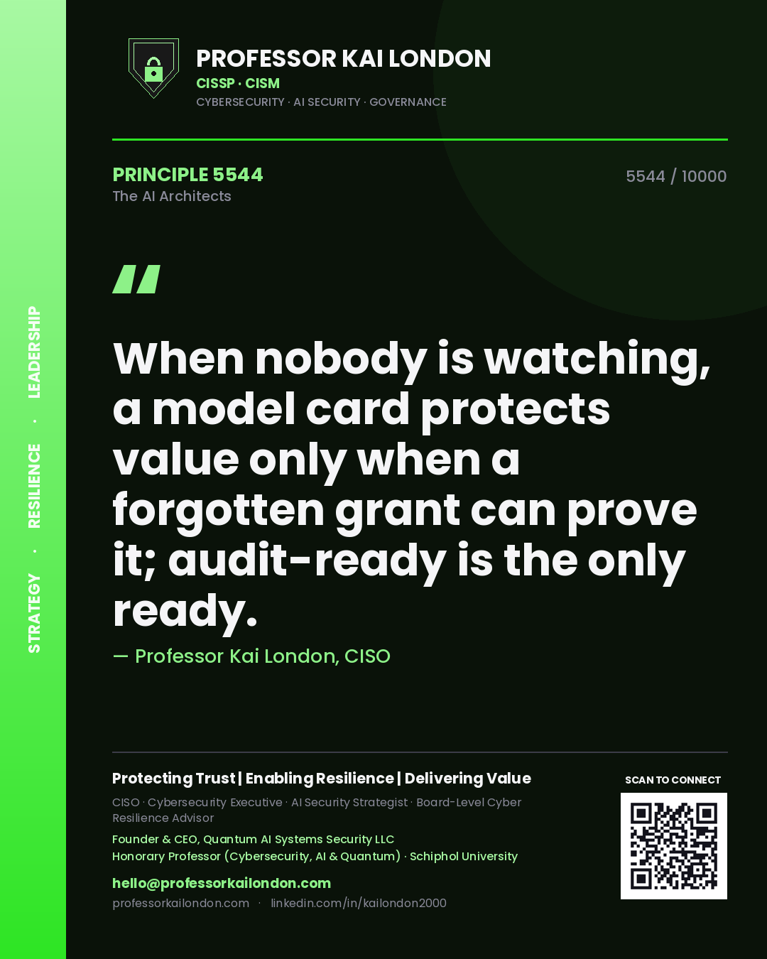Professor Kai London principle 5544: When nobody is watching, a model card protects value only when a forgotten grant can prove it; audit-ready is the only ready.