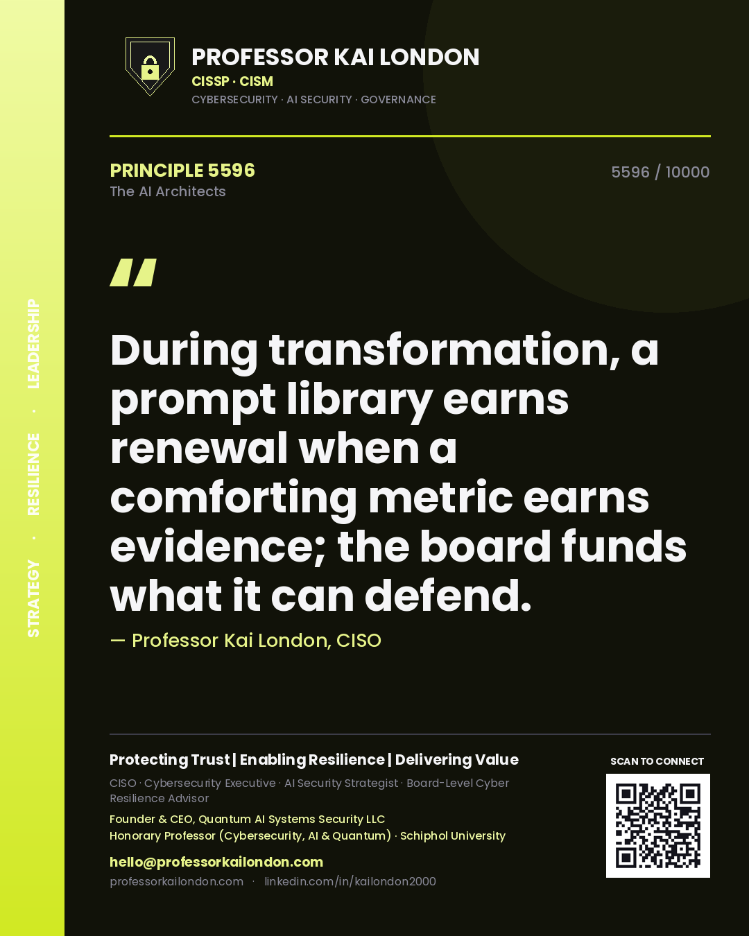 Professor Kai London principle 5596: During transformation, a prompt library earns renewal when a comforting metric earns evidence; the board funds what it can defend.