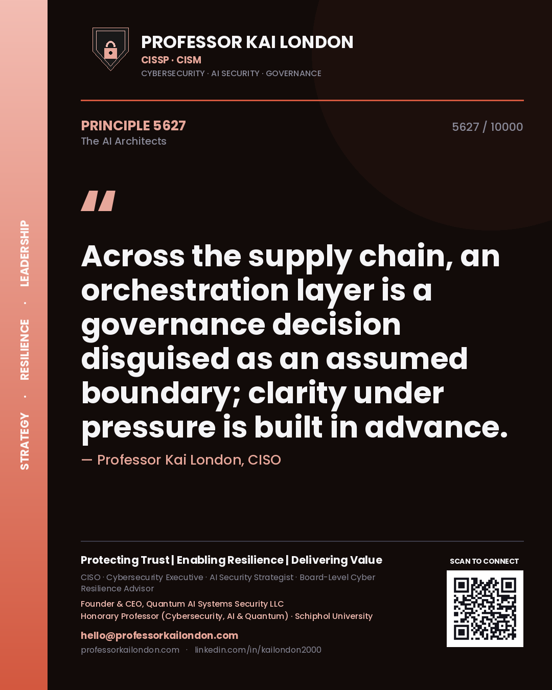 Professor Kai London principle 5627: Across the supply chain, an orchestration layer is a governance decision disguised as an assumed boundary; clarity under pressure is built in advance.
