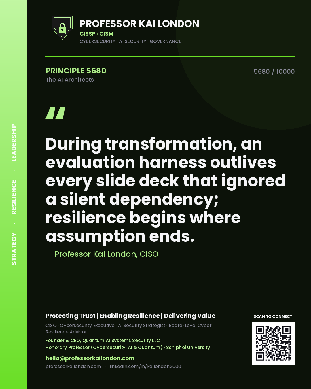 Professor Kai London principle 5680: During transformation, an evaluation harness outlives every slide deck that ignored a silent dependency; resilience begins where assumption ends.