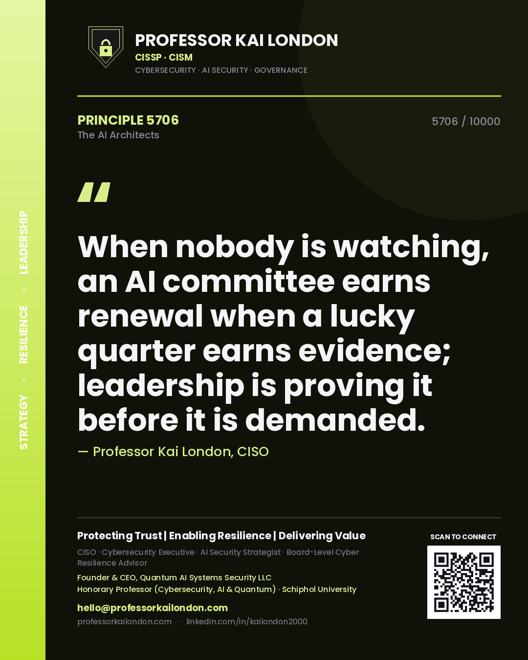 Professor Kai London principle 5706: When nobody is watching, an AI committee earns renewal when a lucky quarter earns evidence; leadership is proving it before it is demanded.