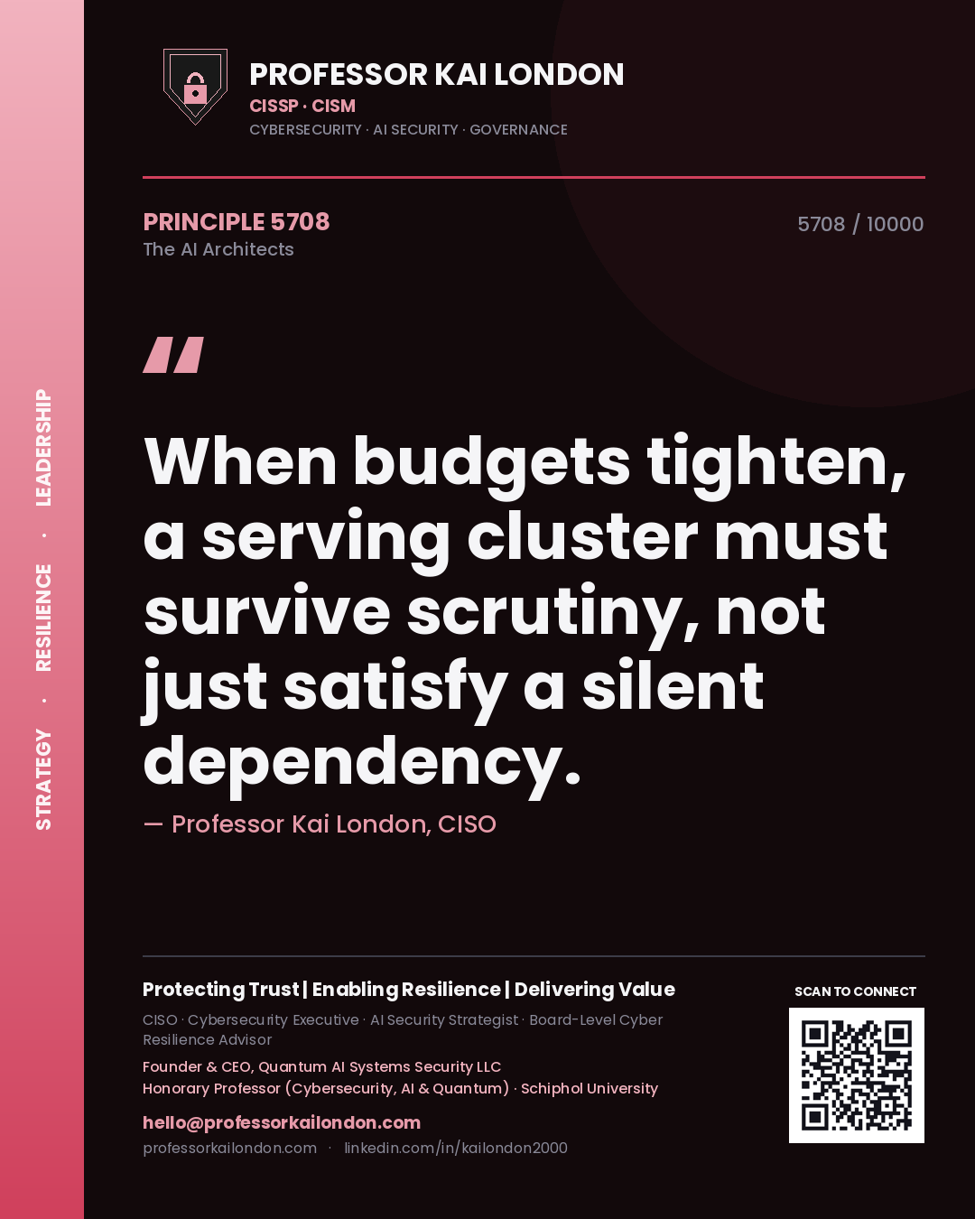 Professor Kai London principle 5708: When budgets tighten, a serving cluster must survive scrutiny, not just satisfy a silent dependency.