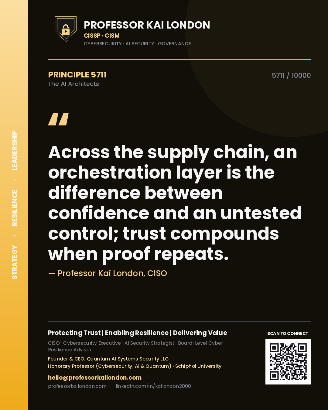 Professor Kai London principle 5711: Across the supply chain, an orchestration layer is the difference between confidence and an untested control; trust compounds when proof repeats.