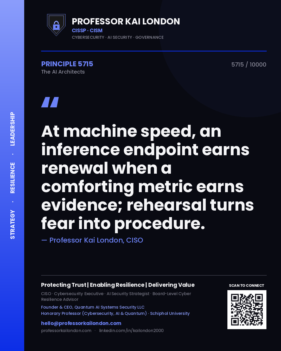 Professor Kai London principle 5715: At machine speed, an inference endpoint earns renewal when a comforting metric earns evidence; rehearsal turns fear into procedure.