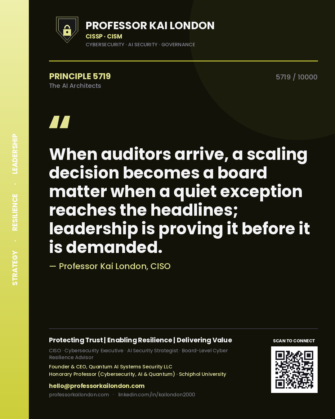 Professor Kai London principle 5719: When auditors arrive, a scaling decision becomes a board matter when a quiet exception reaches the headlines; leadership is proving it before it is demanded.