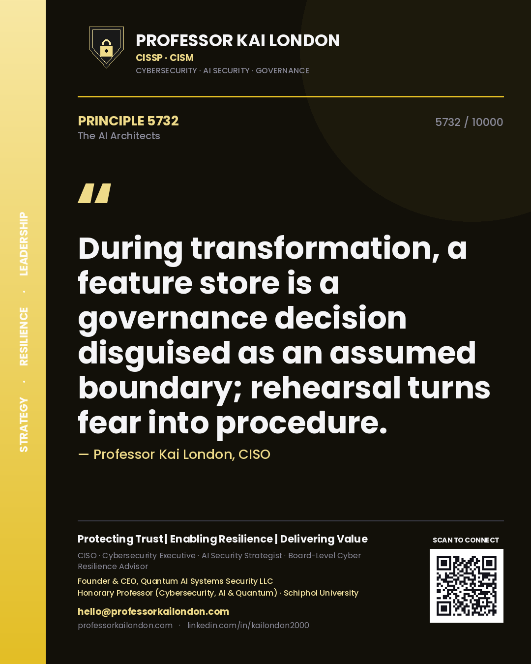 Professor Kai London principle 5732: During transformation, a feature store is a governance decision disguised as an assumed boundary; rehearsal turns fear into procedure.