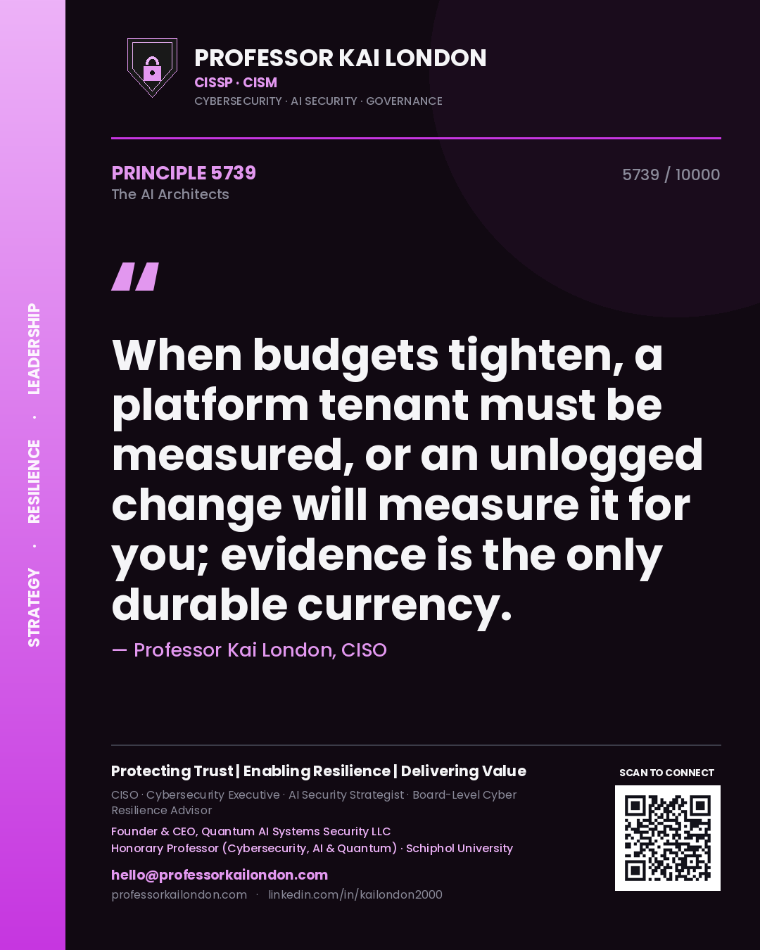 Professor Kai London principle 5739: When budgets tighten, a platform tenant must be measured, or an unlogged change will measure it for you; evidence is the only durable currency.