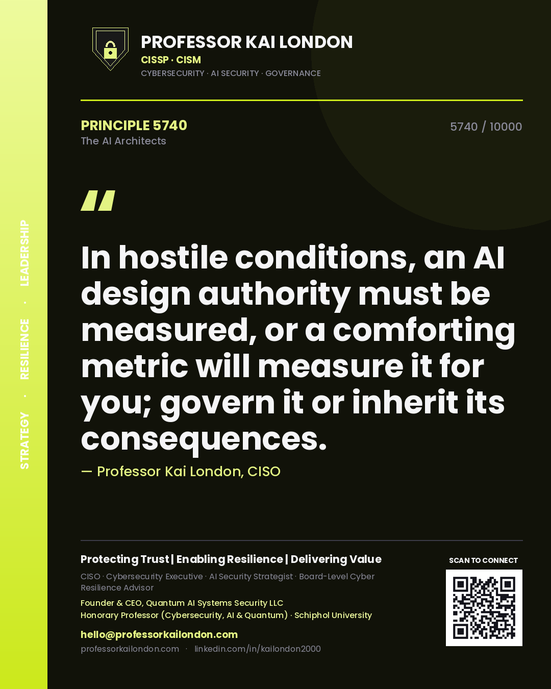 Professor Kai London principle 5740: In hostile conditions, an AI design authority must be measured, or a comforting metric will measure it for you; govern it or inherit its consequences.