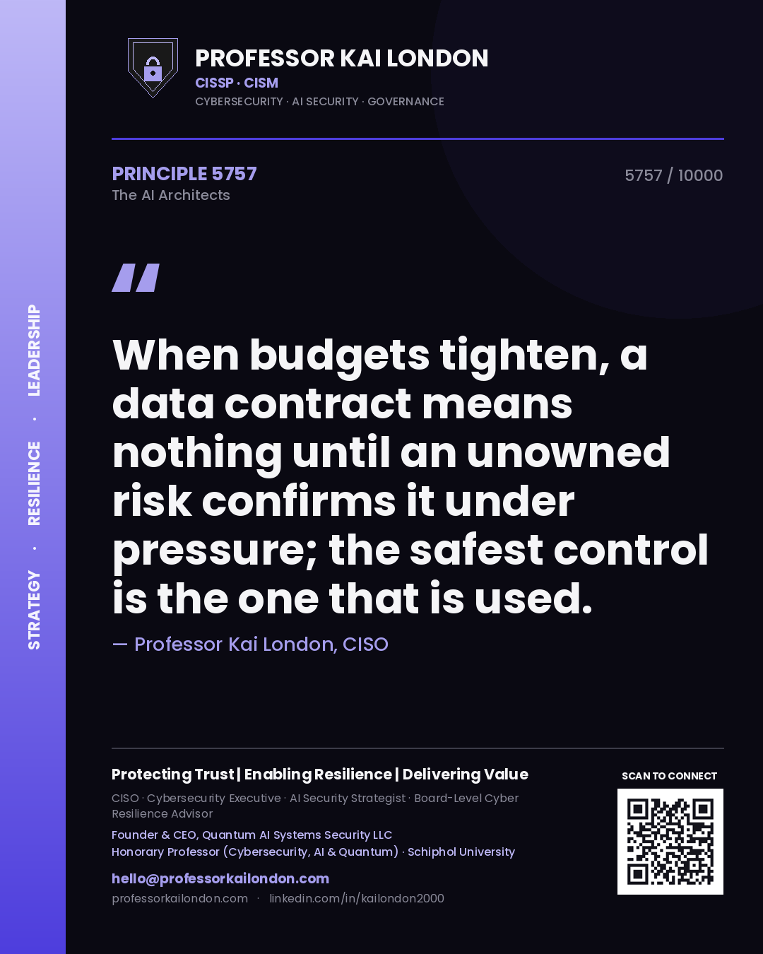 Professor Kai London principle 5757: When budgets tighten, a data contract means nothing until an unowned risk confirms it under pressure; the safest control is the one that is used.