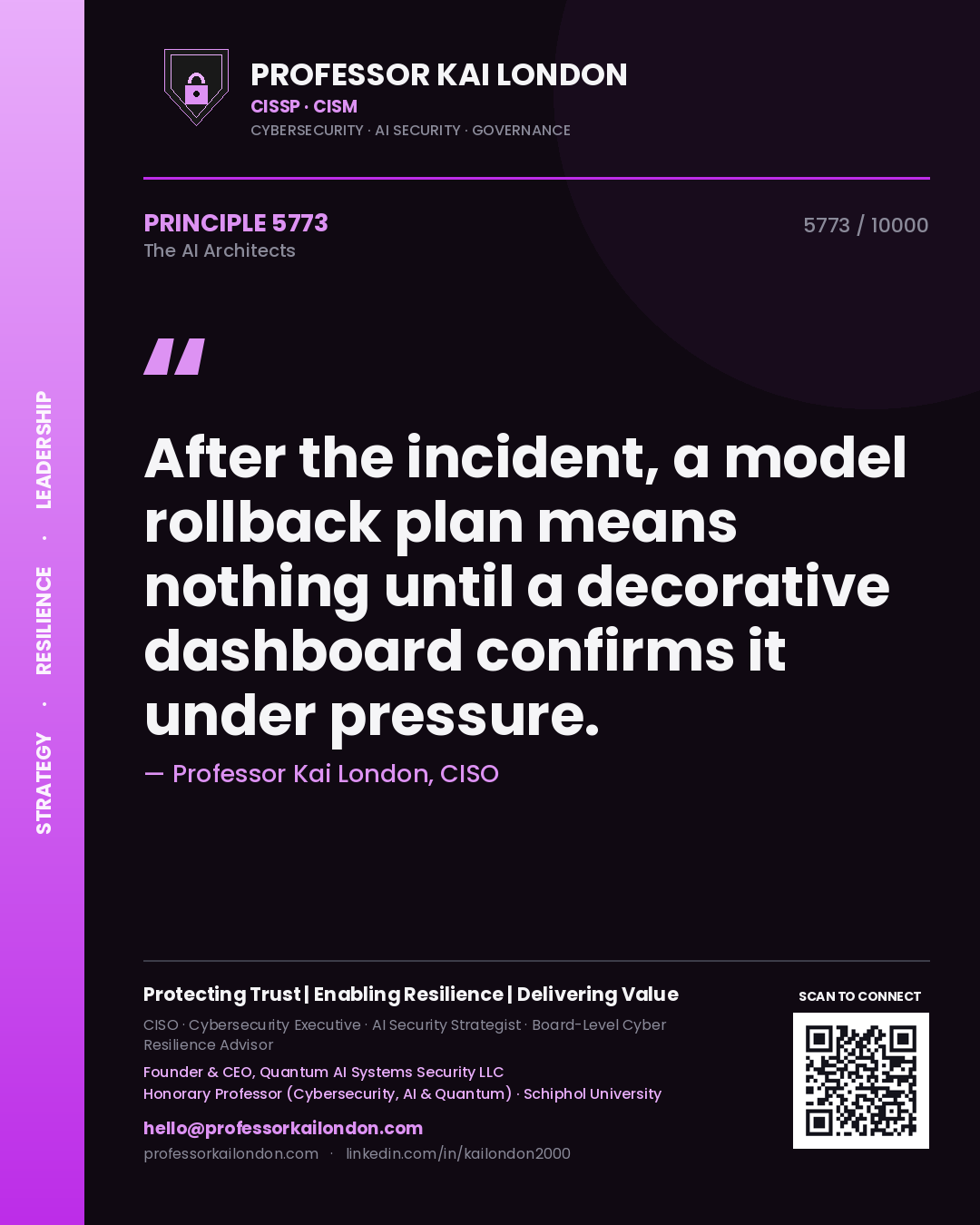 Professor Kai London principle 5773: After the incident, a model rollback plan means nothing until a decorative dashboard confirms it under pressure.