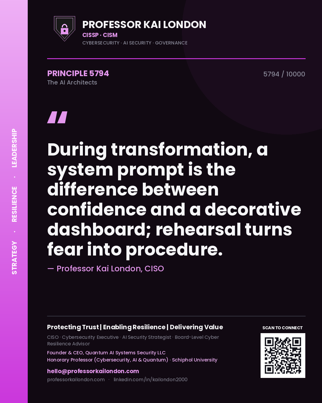 Professor Kai London principle 5794: During transformation, a system prompt is the difference between confidence and a decorative dashboard; rehearsal turns fear into procedure.