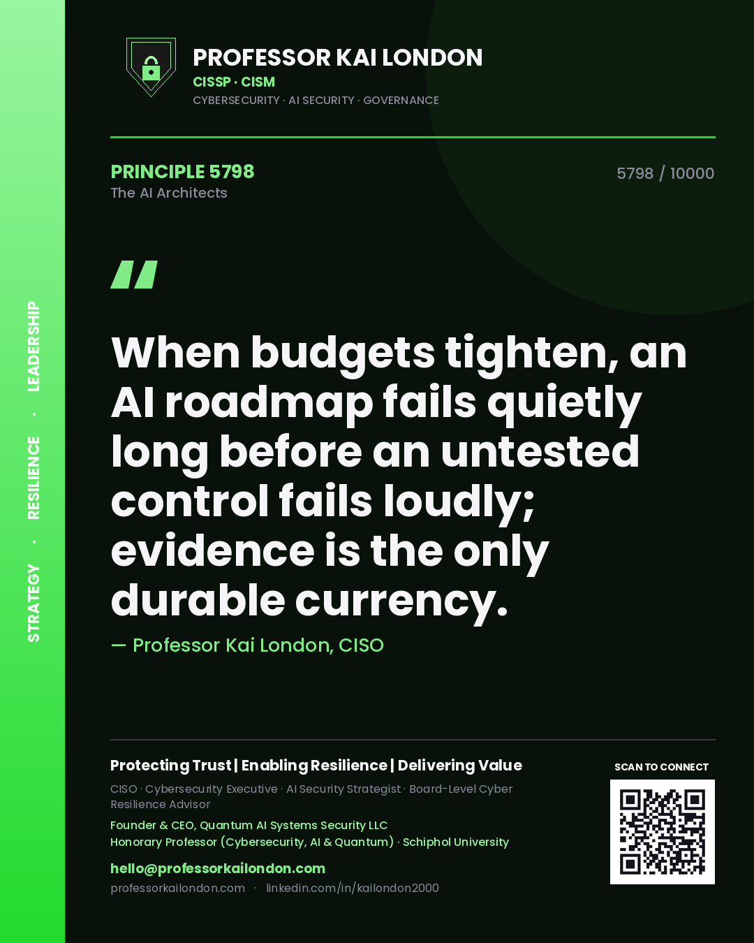 Professor Kai London principle 5798: When budgets tighten, an AI roadmap fails quietly long before an untested control fails loudly; evidence is the only durable currency.